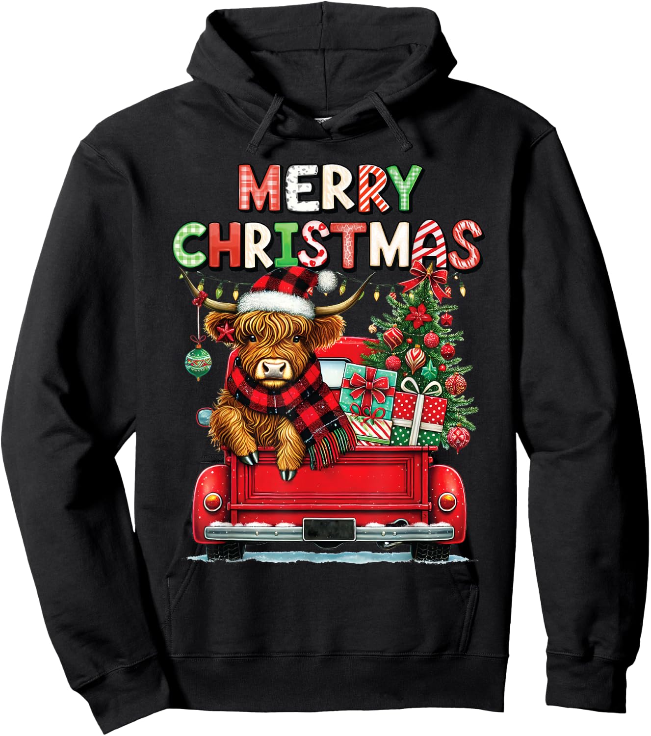 Merry Christmas Scottish Highland Cow Xmas Farm Animal Lover Hoodie - Hoodie | Black