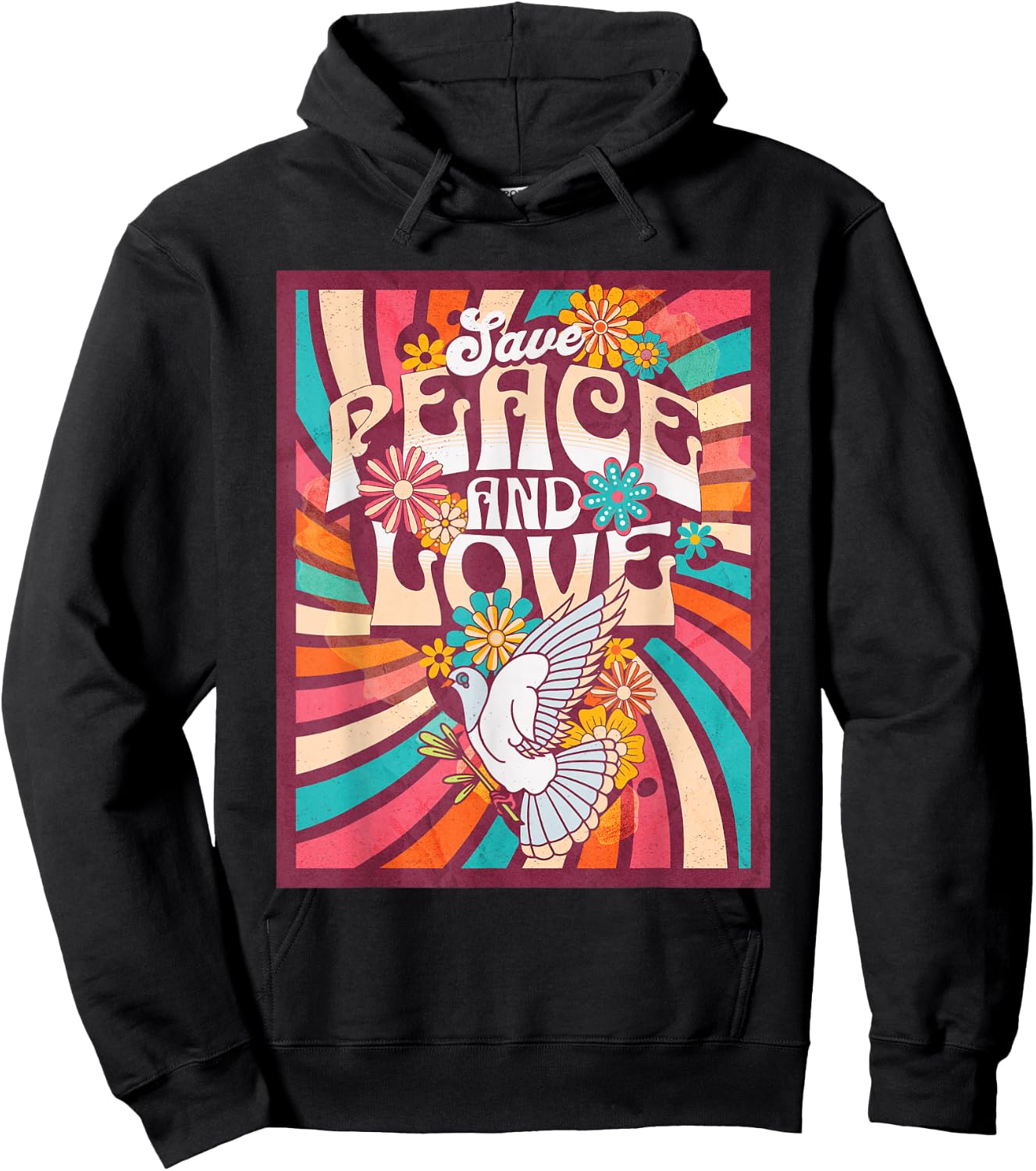 Save Peace and Love Retro Hippie Dove Floral Style 70s , Black, S Hoodie - Hoodie | Black