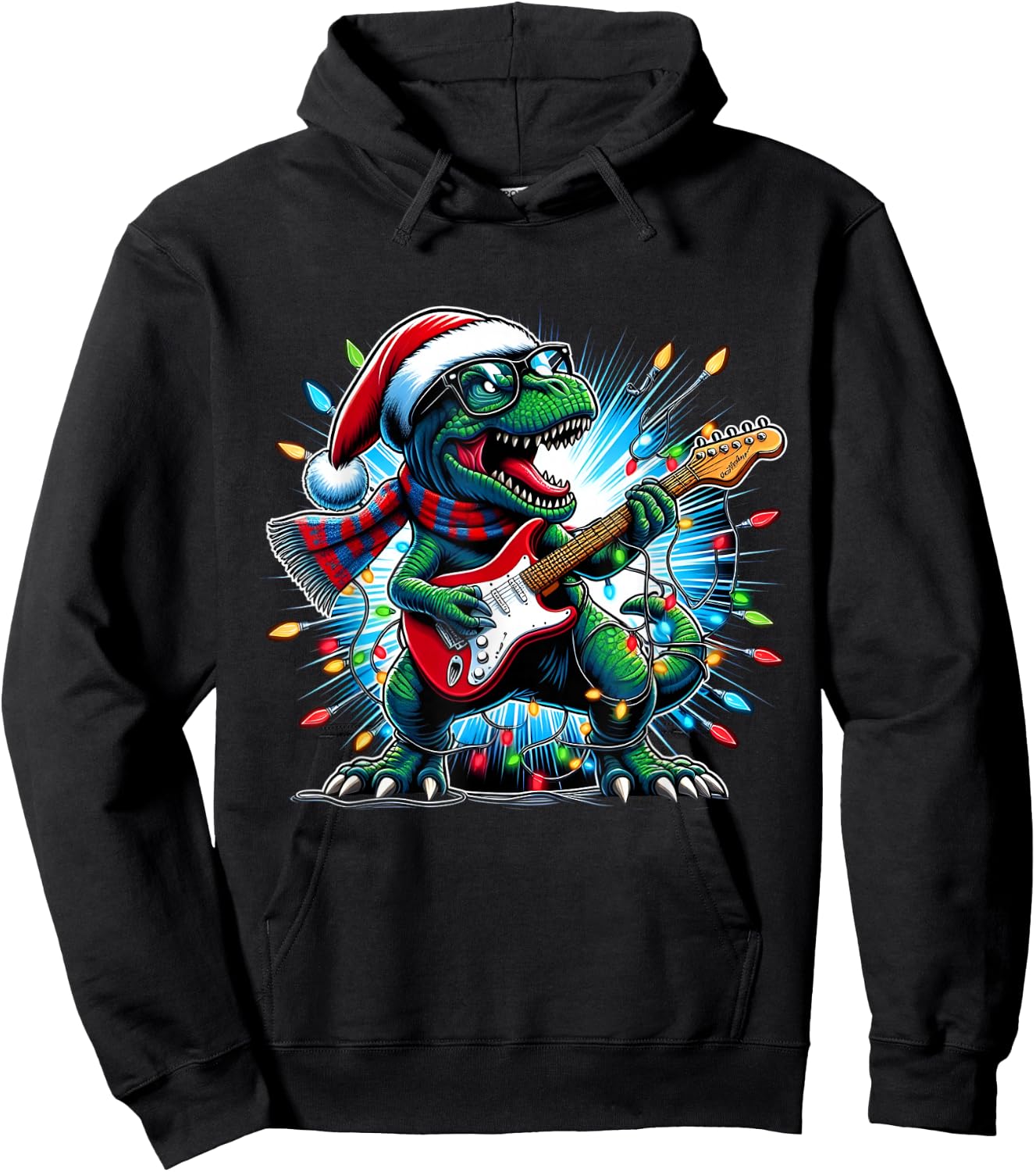 Dinosaur Guitar Player Xmas Funny Trex Dinosaur Christmas Hoodie - Hoodie | Black