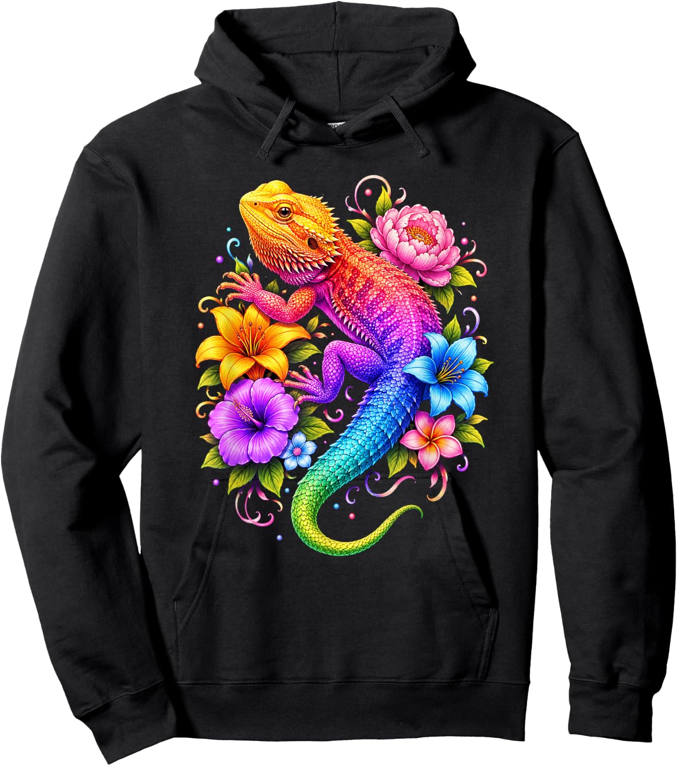 Colorful Floral Bearded Dragon Flowers Rainbow Women Girls Hoodie - Hoodie | Black