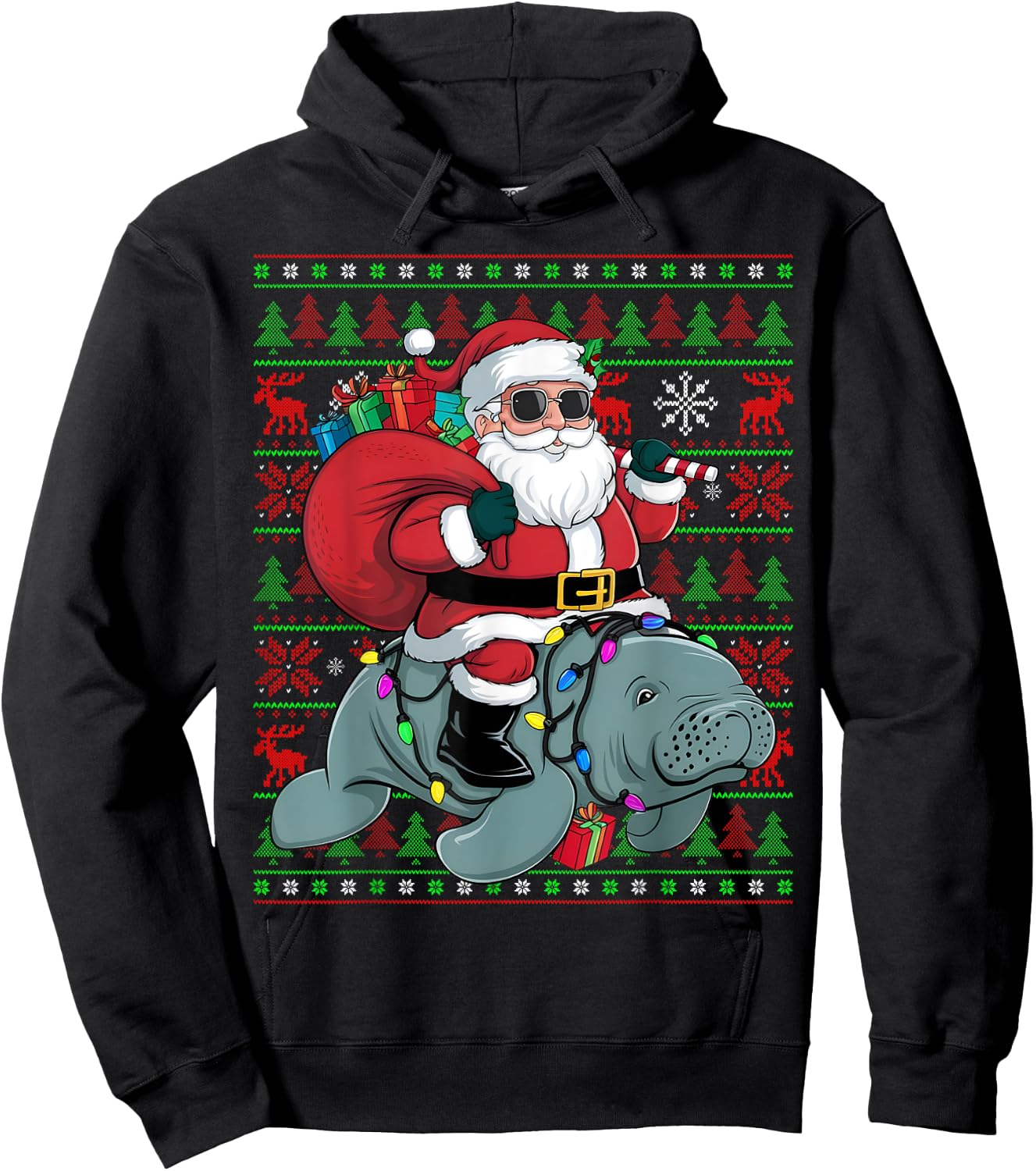 Ugly Xmas Lights Funny Santa Riding Manatee Christmas Hoodie - Hoodie | Black