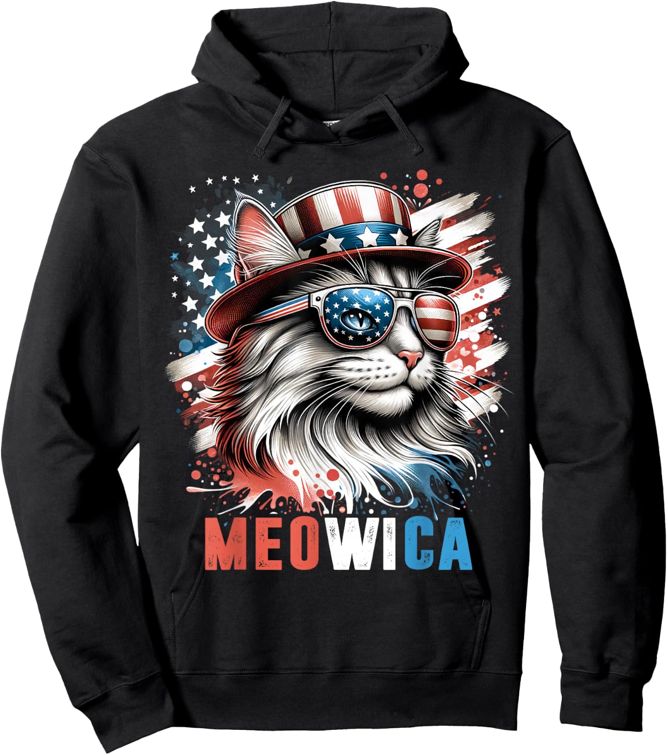 Cat Wearing Sunglasses Meowica USA Flag 4th of July Hoodie - Hoodie | Black