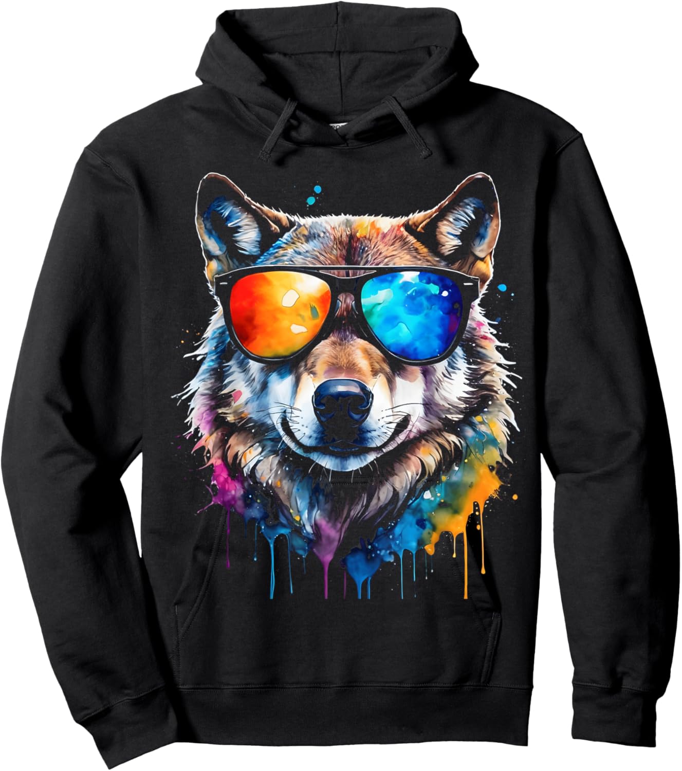 Wolf Sunglasses Colourful Animal Print Design , black Hoodie - Hoodie | Black