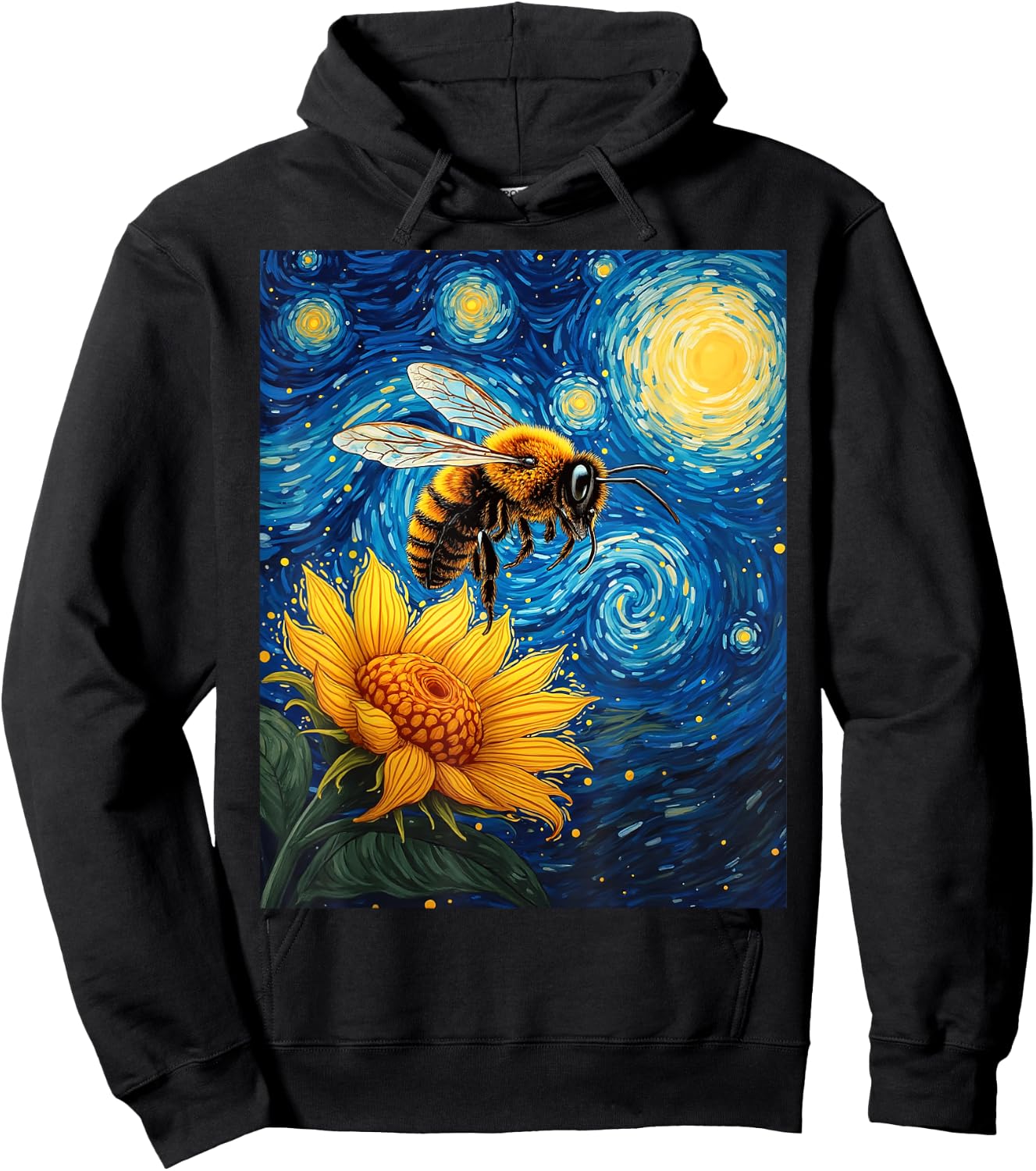 Van Gogh's Starry Night Bee Sunflower Nature Art Hoodie - Hoodie | Black