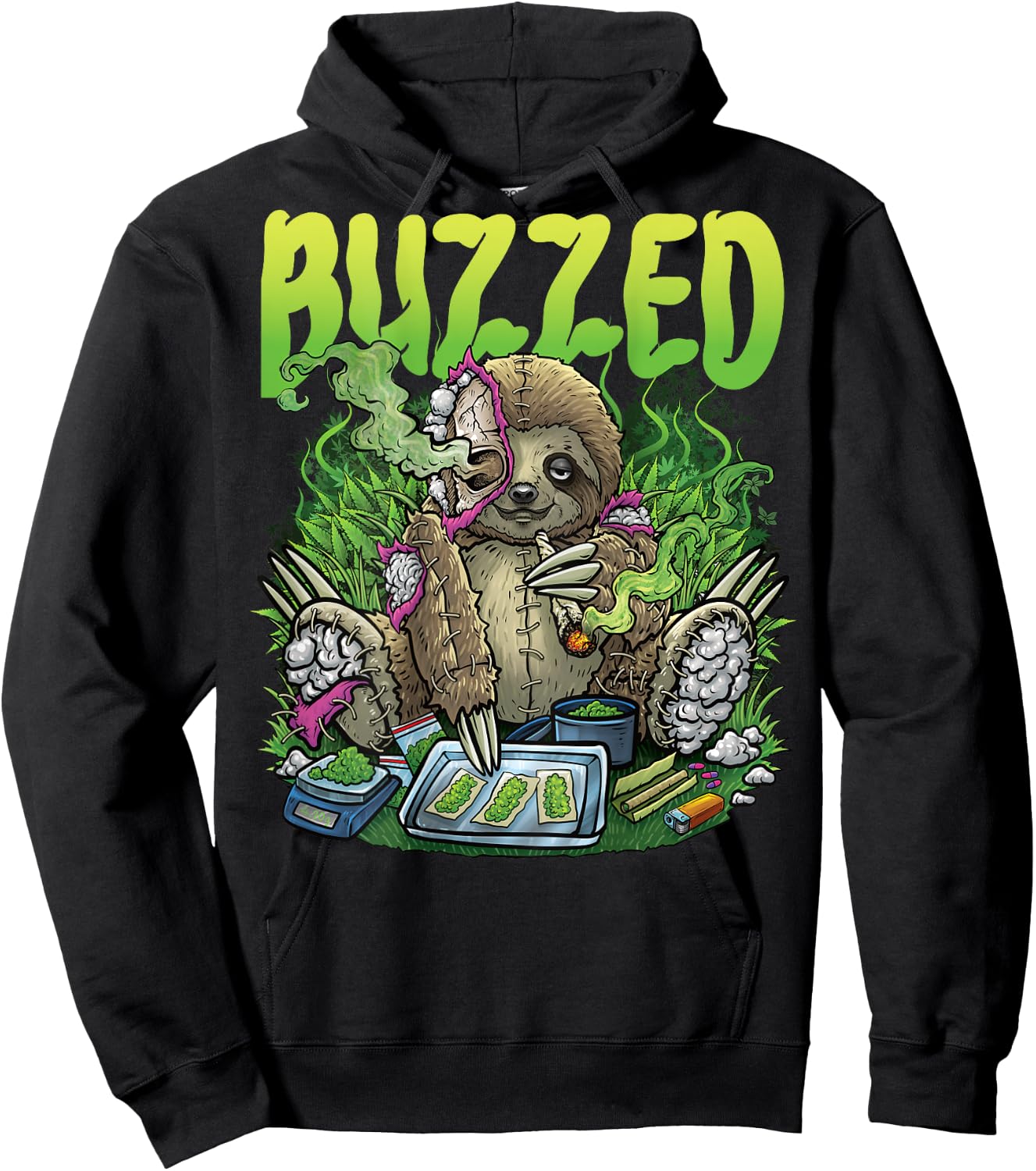 Weed Sloth Smoking Stoner Rave House Techno Outfit BACKPRINT Hoodie - Hoodie | Black