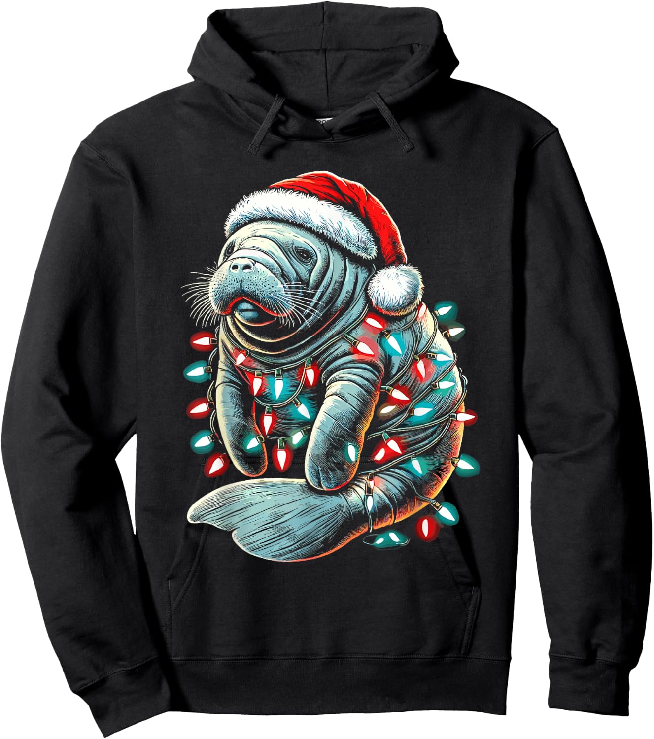 Manatee Santa Hat Christmas Lights Pajama Funny Xmas Hoodie - Hoodie | Black