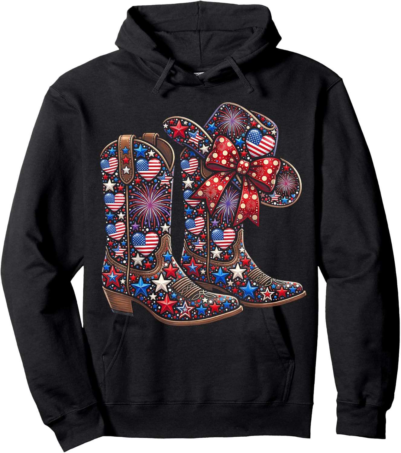 Retro Western Cowboy Boots Cowgirl American Flag 4th of July Hoodie - Hoodie | Black