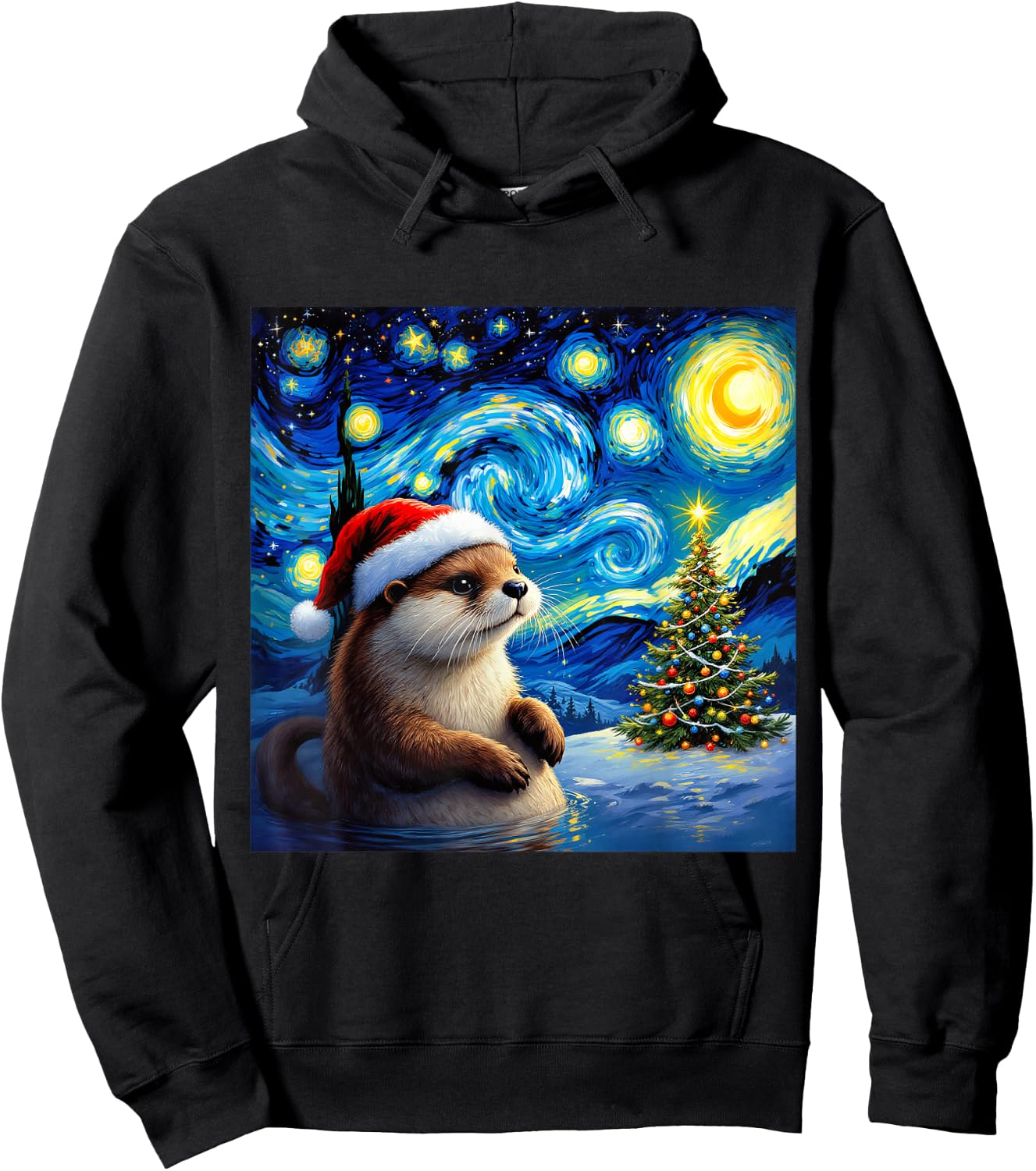 Christmas Otter Santa Hat Van Gogh Starry Night Holiday Hoodie - Hoodie | Black