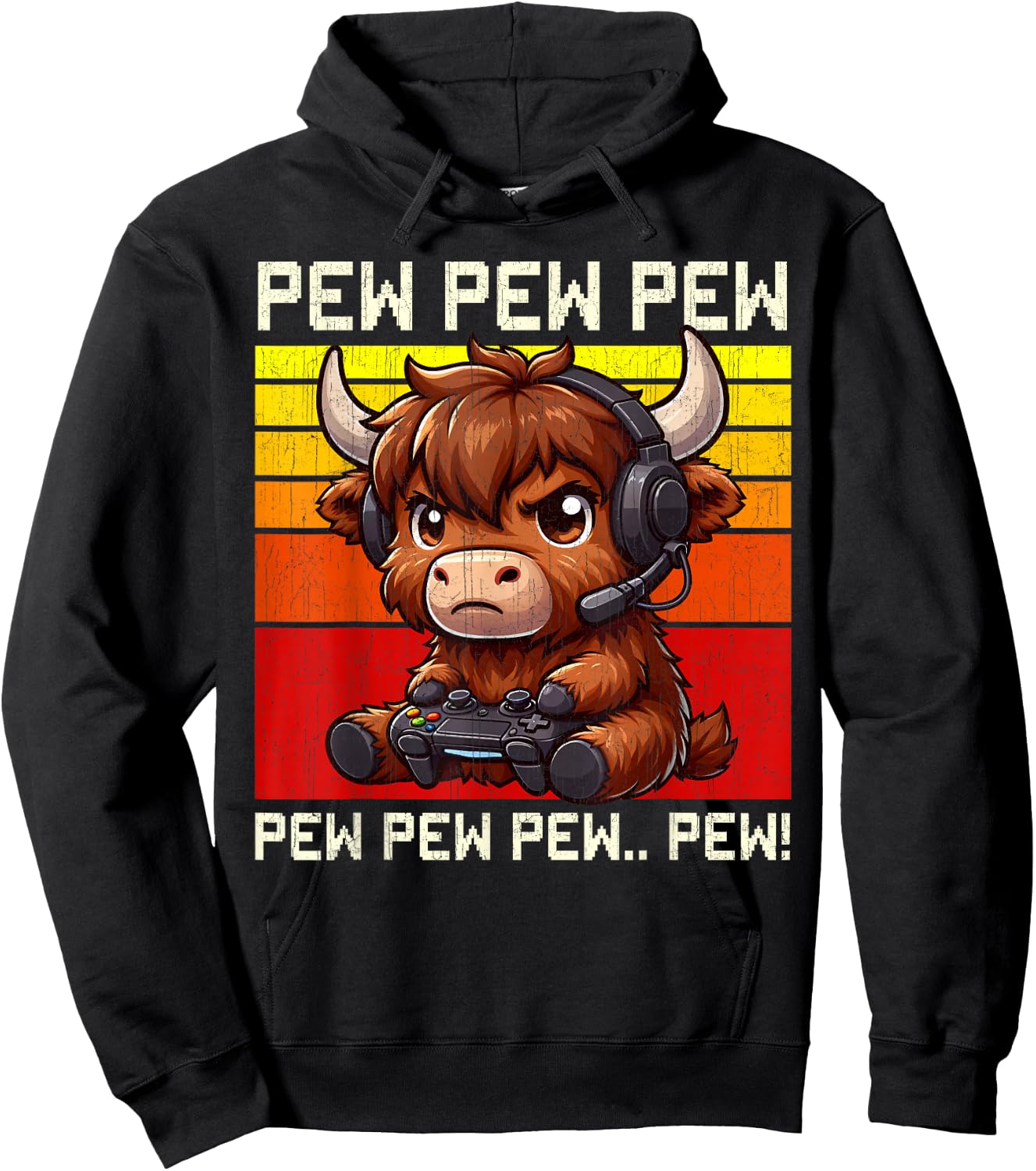 Highland Cow Gamer Pew Funny Video Games Vintage Boys Men Hoodie - Hoodie | Black