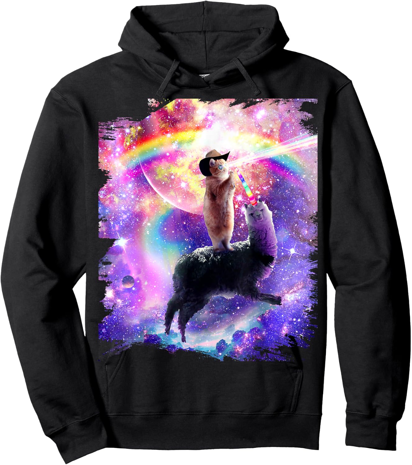 Laser Space Cat On Rainbow Galaxy Llama Unicorn Hoodie - Hoodie | Black
