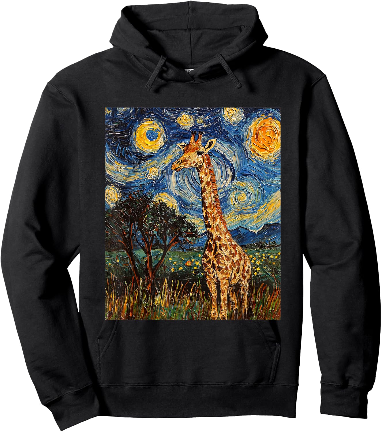 Giraffe Africa Van Gogh Style Starry Night Cute Graphic Hoodie - Hoodie | Black