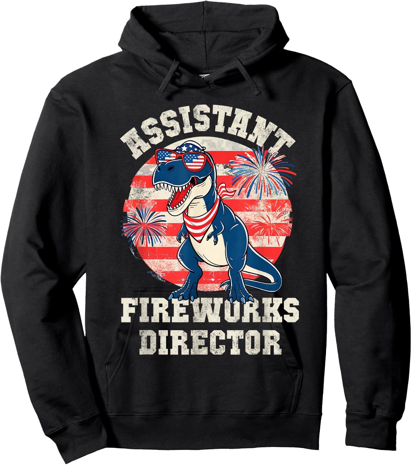 Kids T-Rex ASSISTANT FIREWORKS DIRECTOR 4th July Red White Hoodie - Hoodie | Black