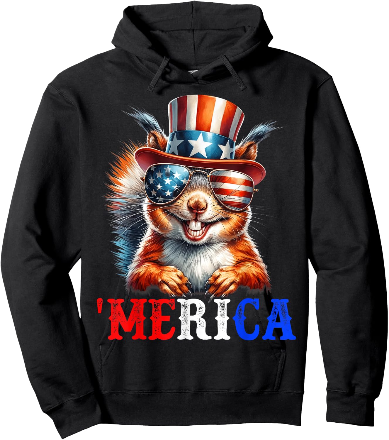 Merica Squirrel Patriotic 4th of July Funny Kids Men Women Hoodie - Hoodie | Black