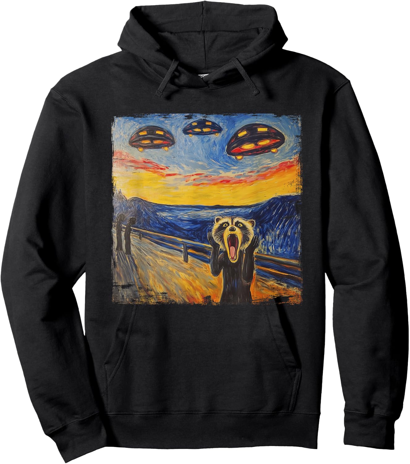 Raccoon Scream UFO Alien Munch Parody Expressionism , black Hoodie - Hoodie | Black