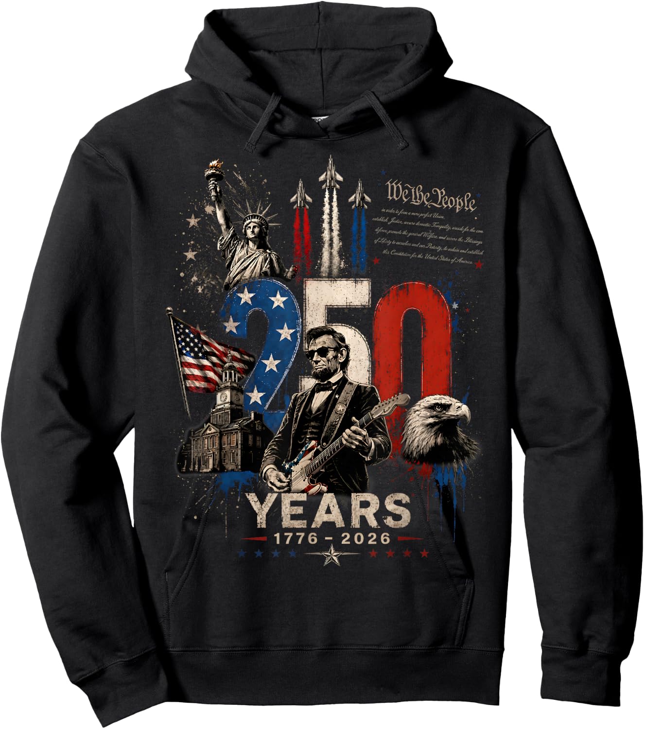 Vintage Abraham Lincoln Abe Lincoln Playing Guitar 250 Years Hoodie - Hoodie | Black