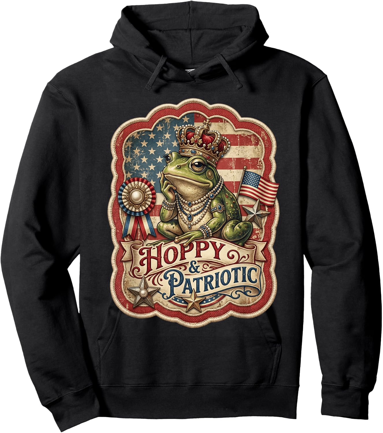 Vintage 4th of July Hoppy and Patriotic Frog Graphic Women Hoodie - Hoodie | Black