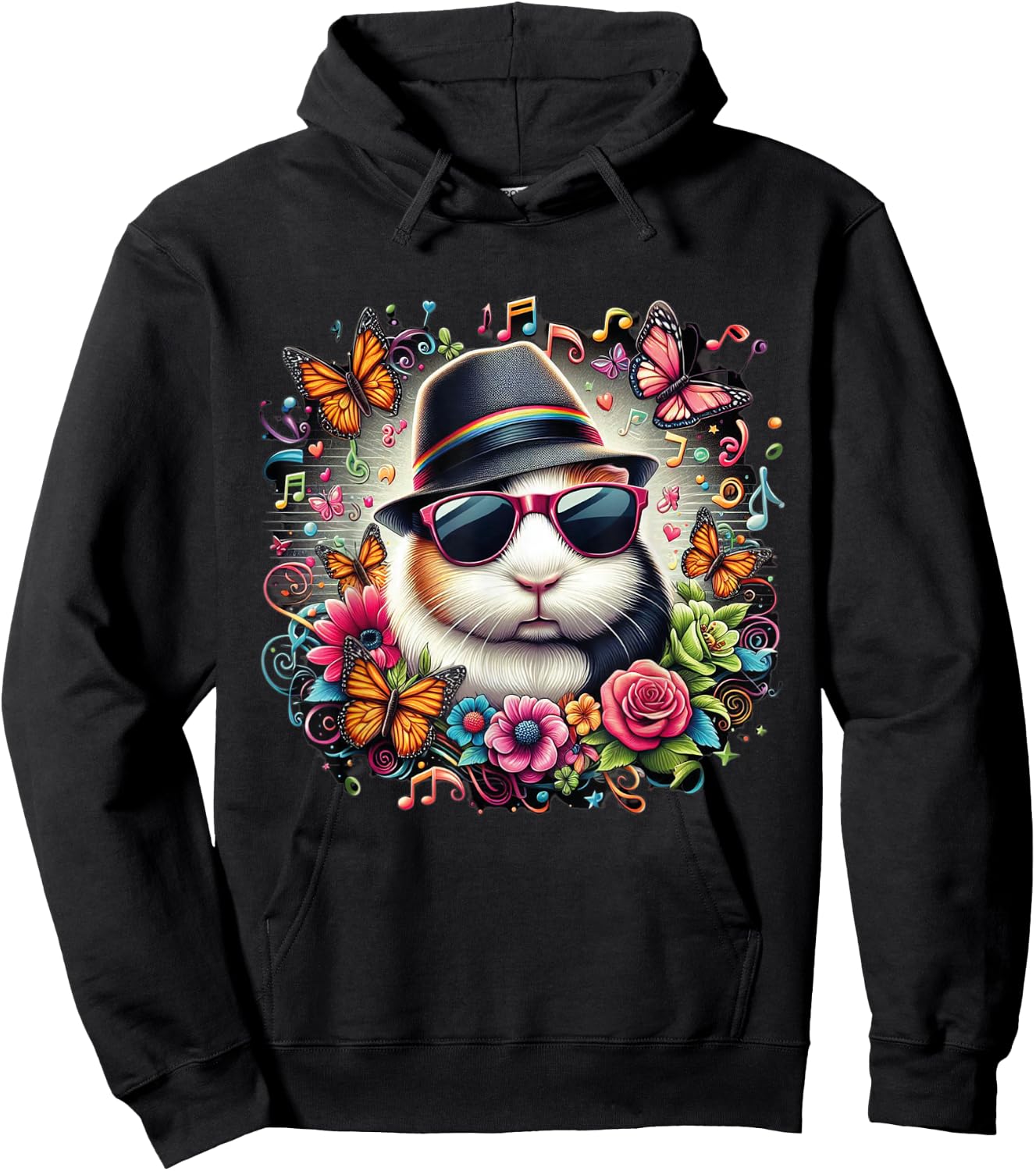 guinea pig wearing sunglasses and a hat colorful Butterflies Hoodie - Hoodie | Black