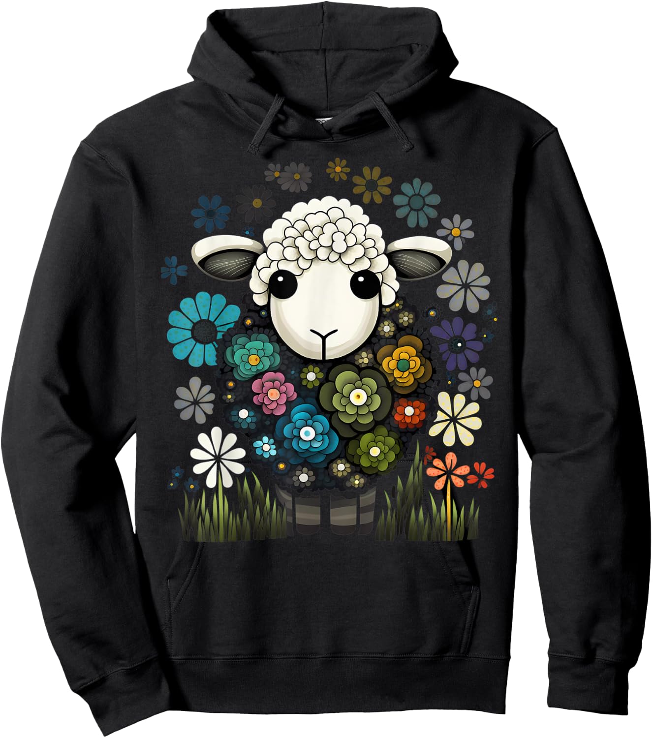 Colorful Sheep Cartoon Flower Garden Cute Farm Animals Black Hoodie - Hoodie | Black
