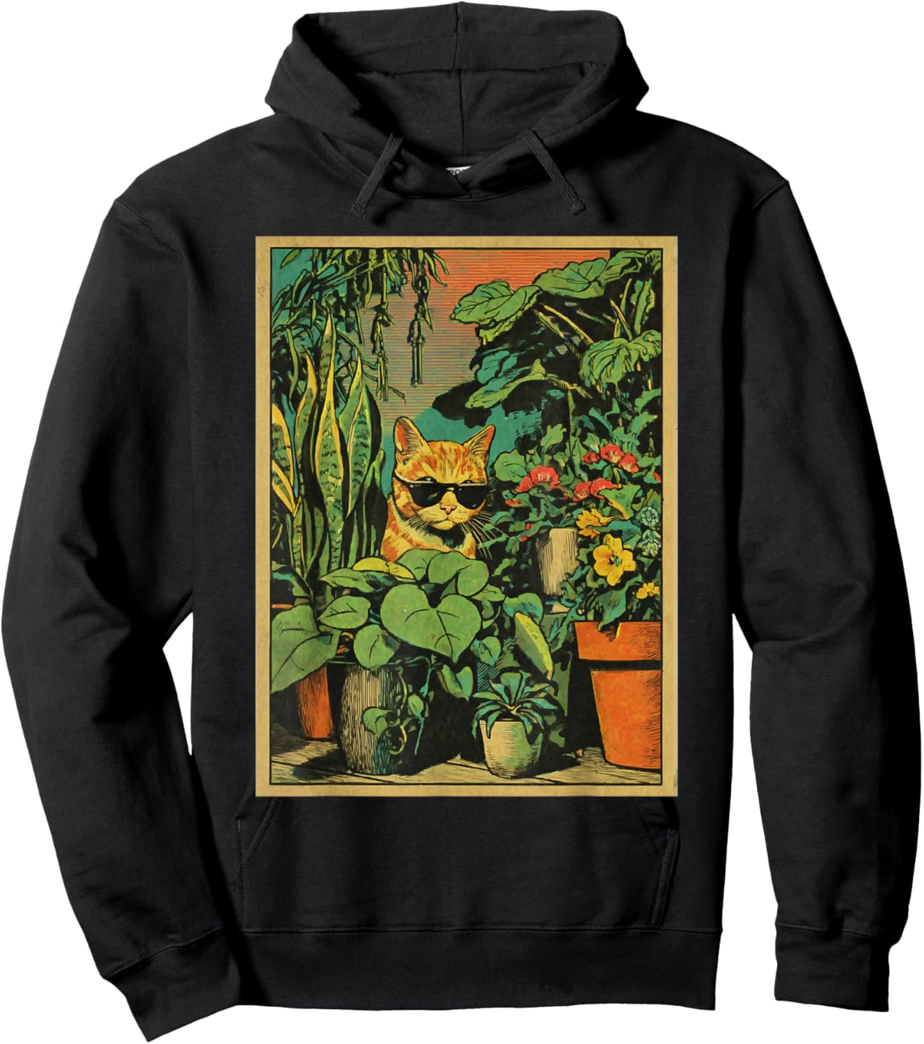 Chat tigré Roux avec Lunettes de Soleil pour Amoureux des Plantes botanique Hoodie - Hoodie | Black