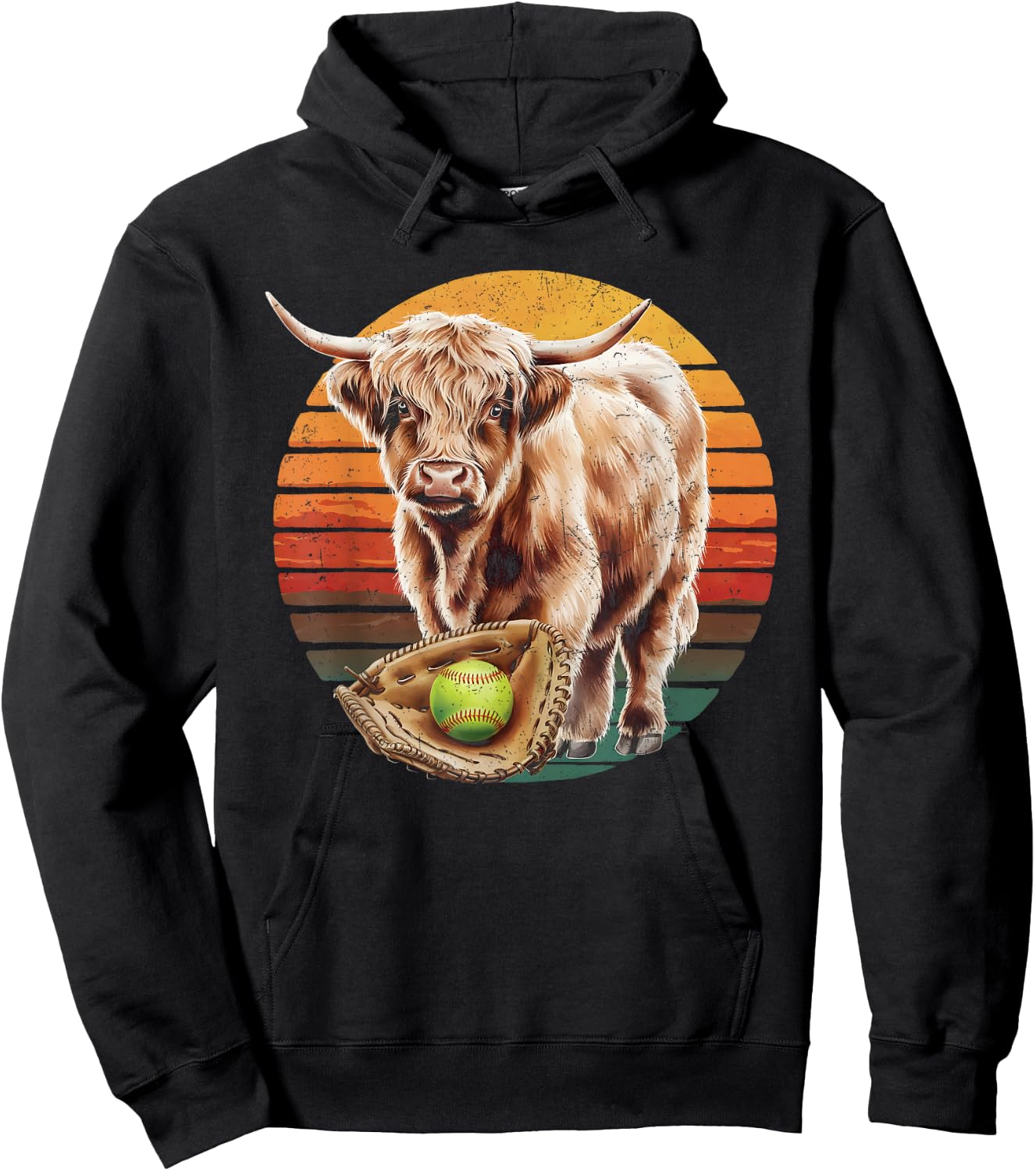 Highland Cow Softball Player Team Vintage Hoodie - Hoodie | Black