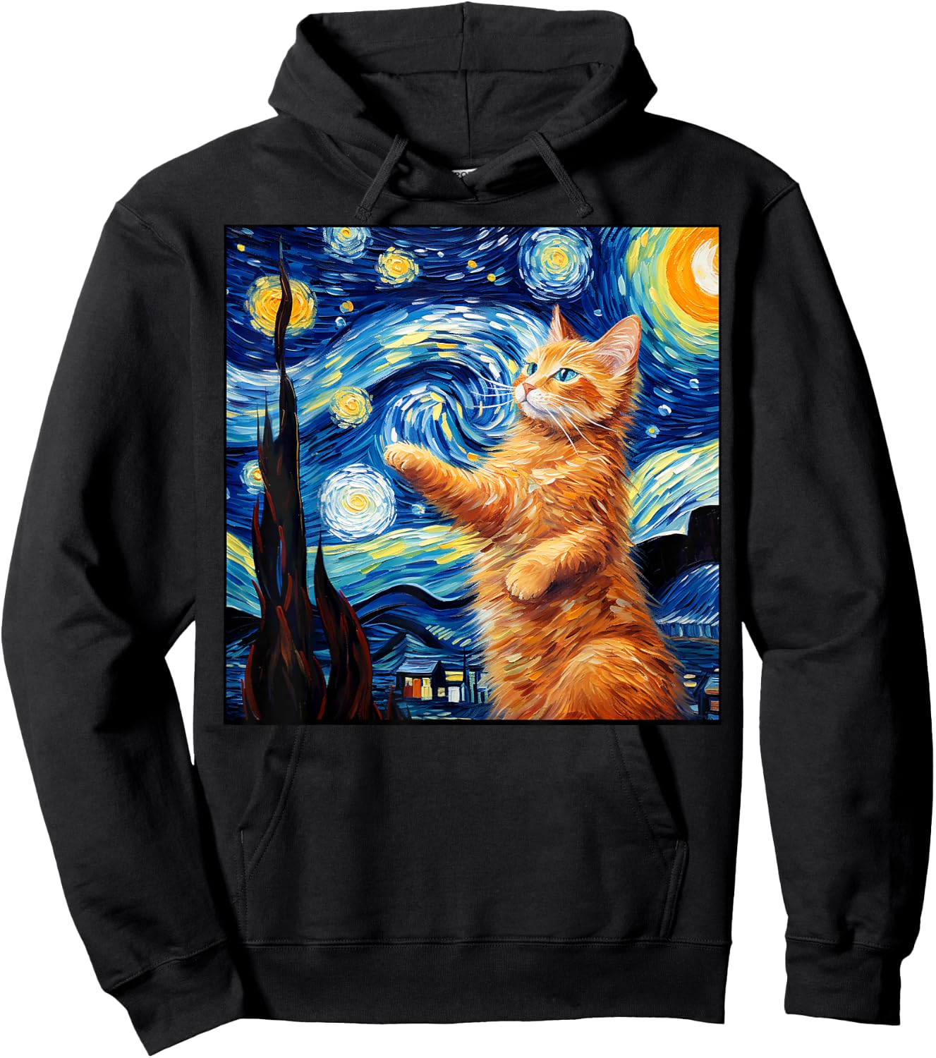 Art Van Gogh Starry Night Cat Painting Cats Lover Mom Dad Hoodie - Hoodie | Black