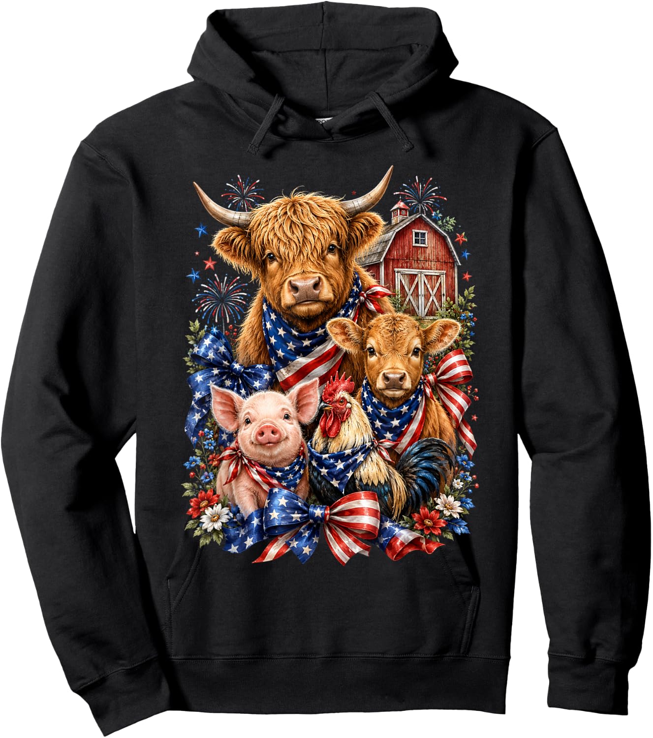 Patriotic Farm Animals 4th of July Barn Cow Pig Chicken Bow Hoodie - Hoodie | Black