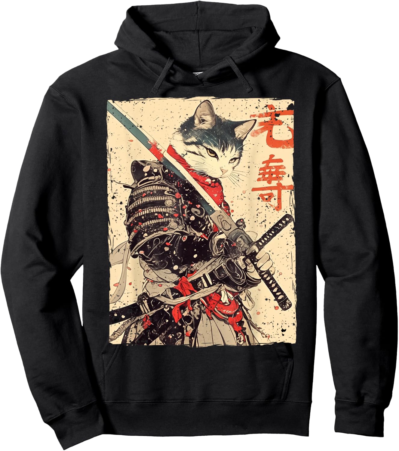 Ukiyo Samurai Cat Warrior Ink Artwork Cat Samurai , black Hoodie - Hoodie | Black