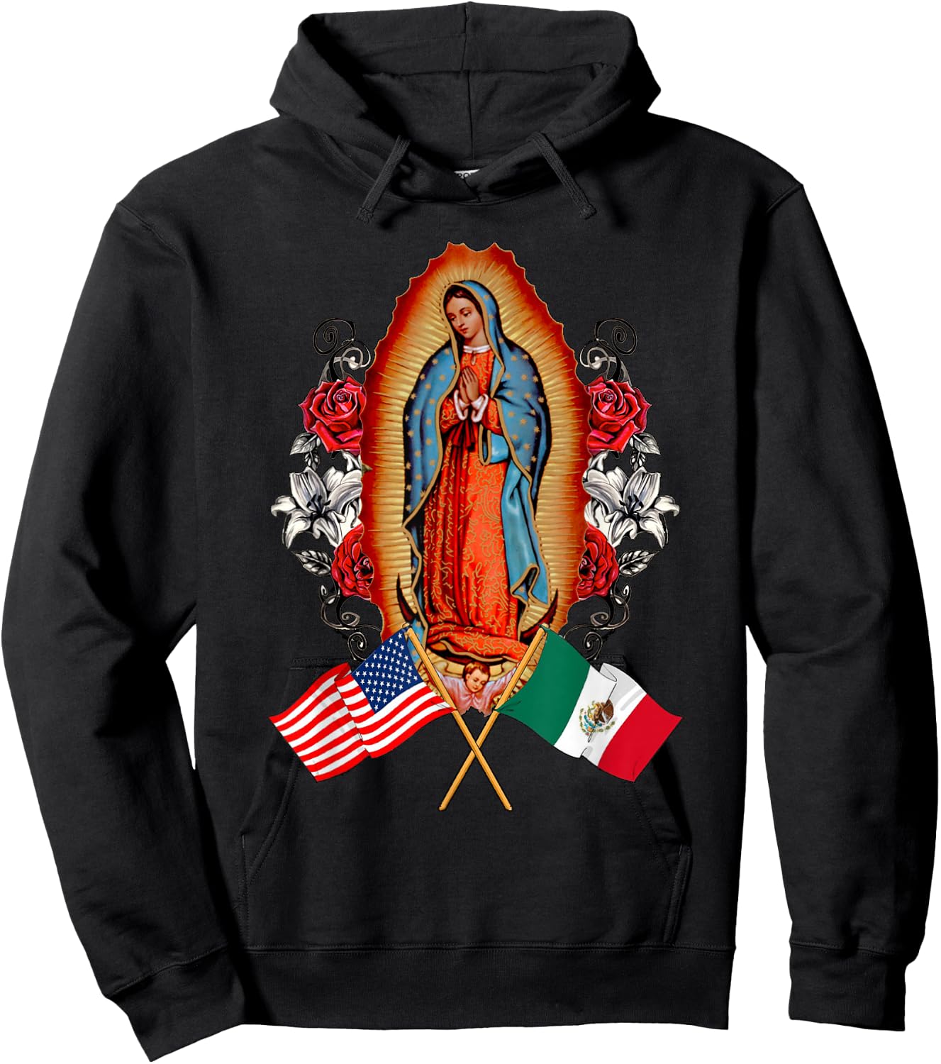 Our Lady Virgen De Guadalupe Mexican American Flag Hoodie - Hoodie | Black