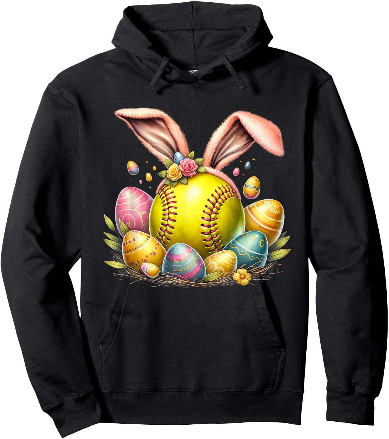 Softball Egg Bunny Ears Easter Day Hoodie - Hoodie | Black