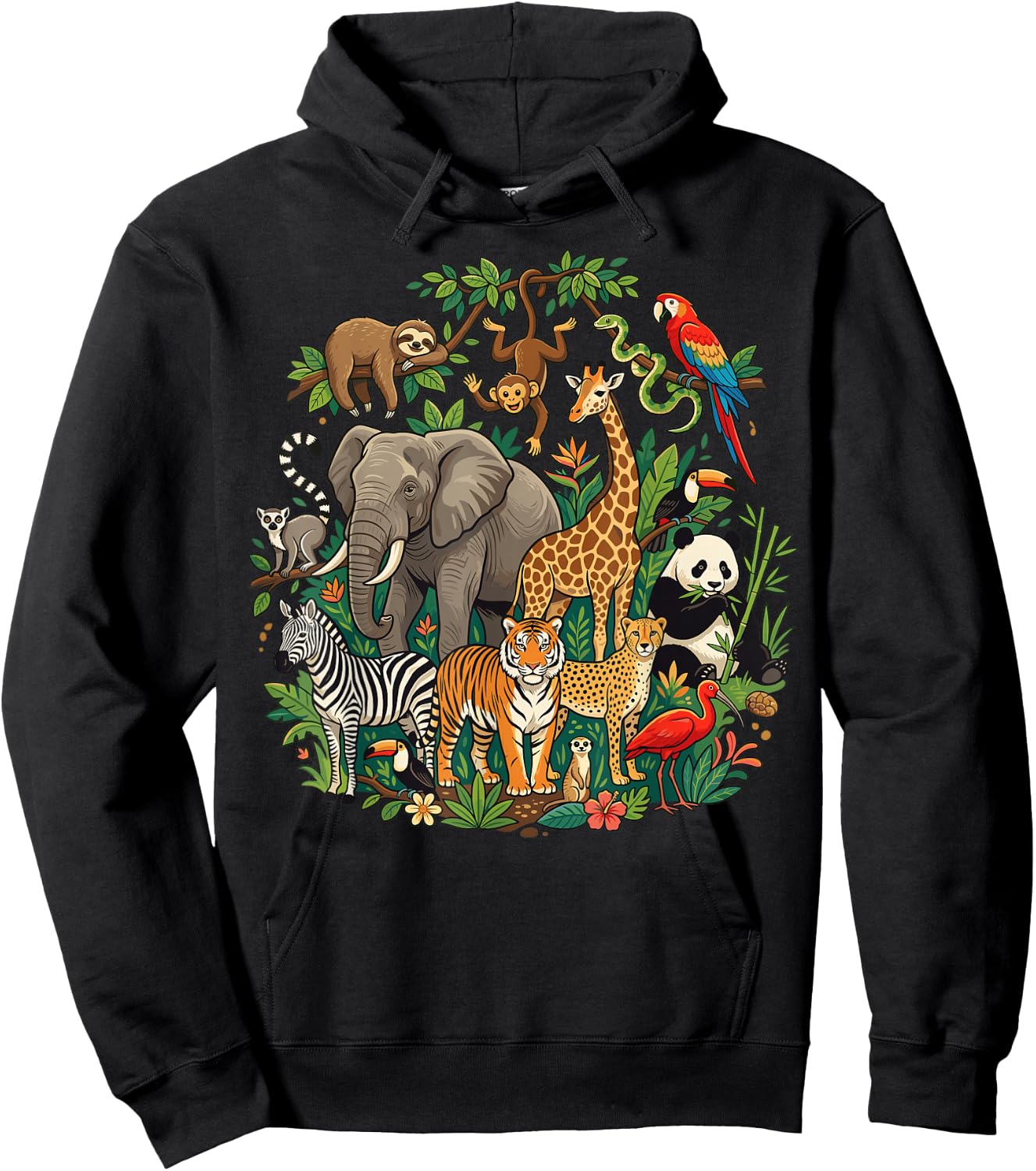 Jungle Safari Animals Cartoon Illustration Hoodie - Hoodie | Black