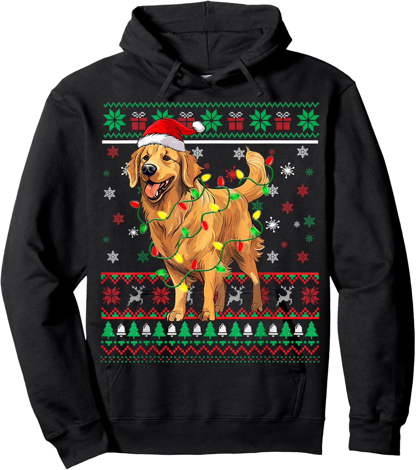 Golden Retriever Christmas Santa Hat Tree Lights Pajama Hoodie - Hoodie | Black