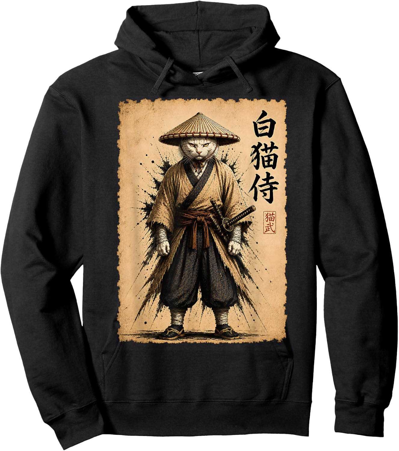 White Samurai Cat Warrior Japanese Anime Arts Vintage Poster Hoodie - Hoodie | Black