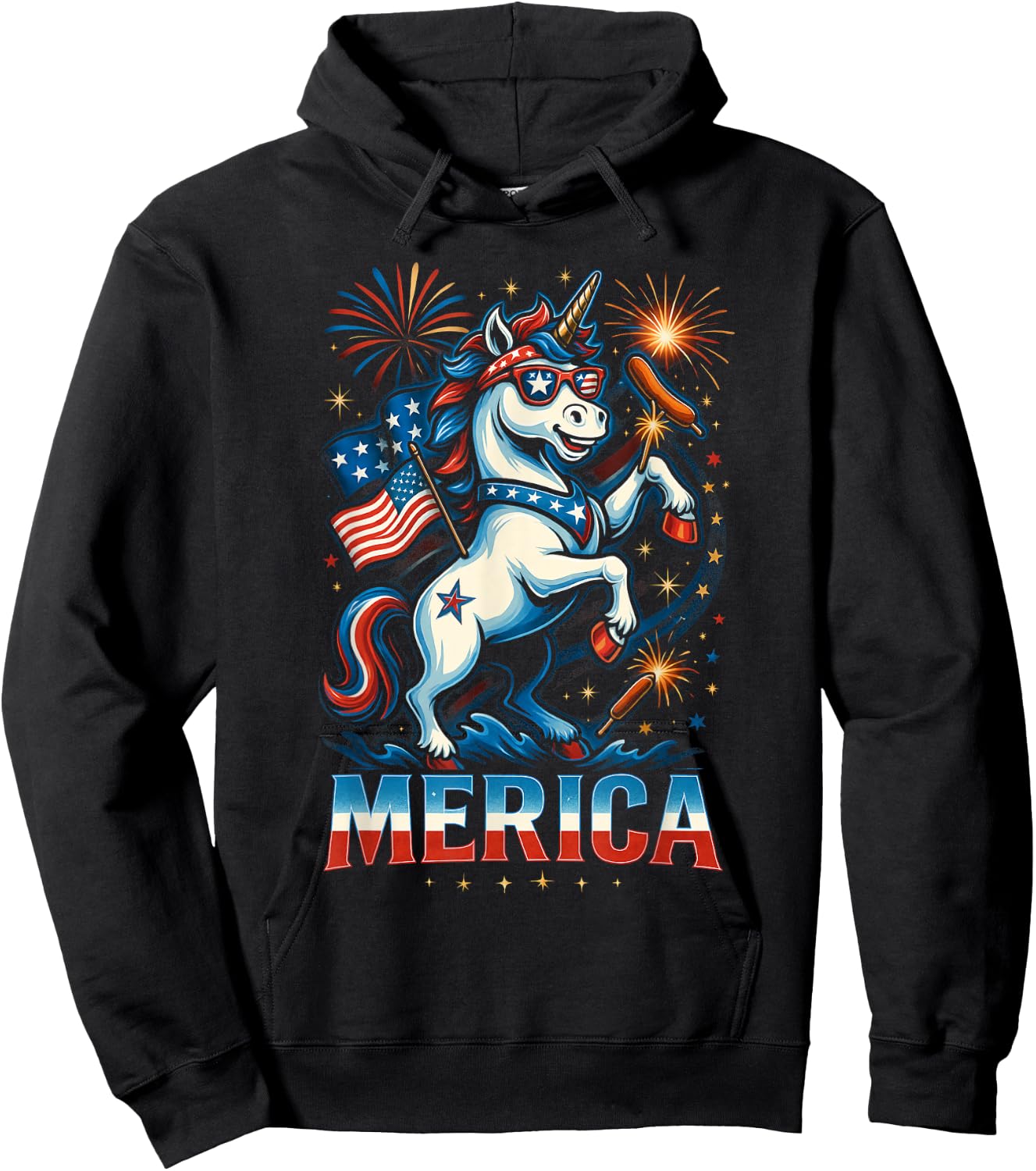 Funny Patriotic Unicorn 'Merica USA July 4th American Pride Hoodie - Hoodie | Black