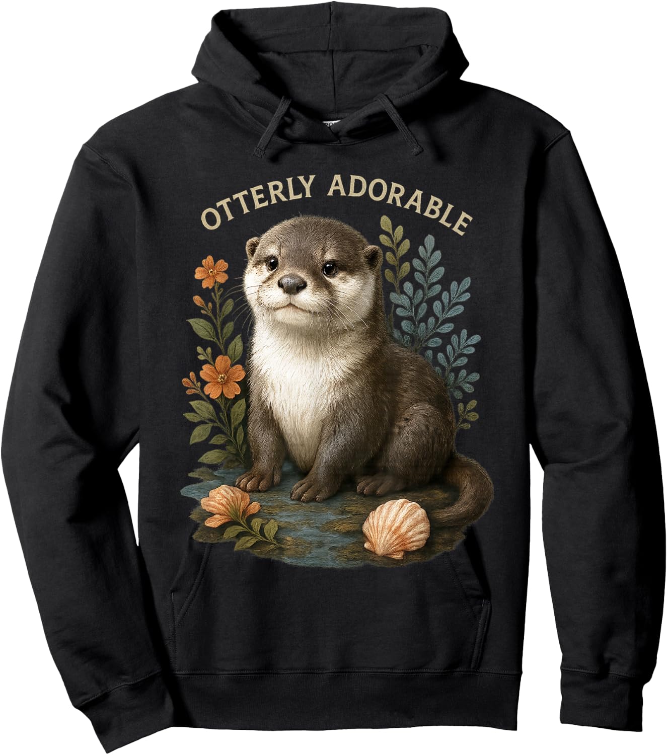 Otterly Adorable Cute Otter with Flowers and Seashells Hoodie - Hoodie | Black