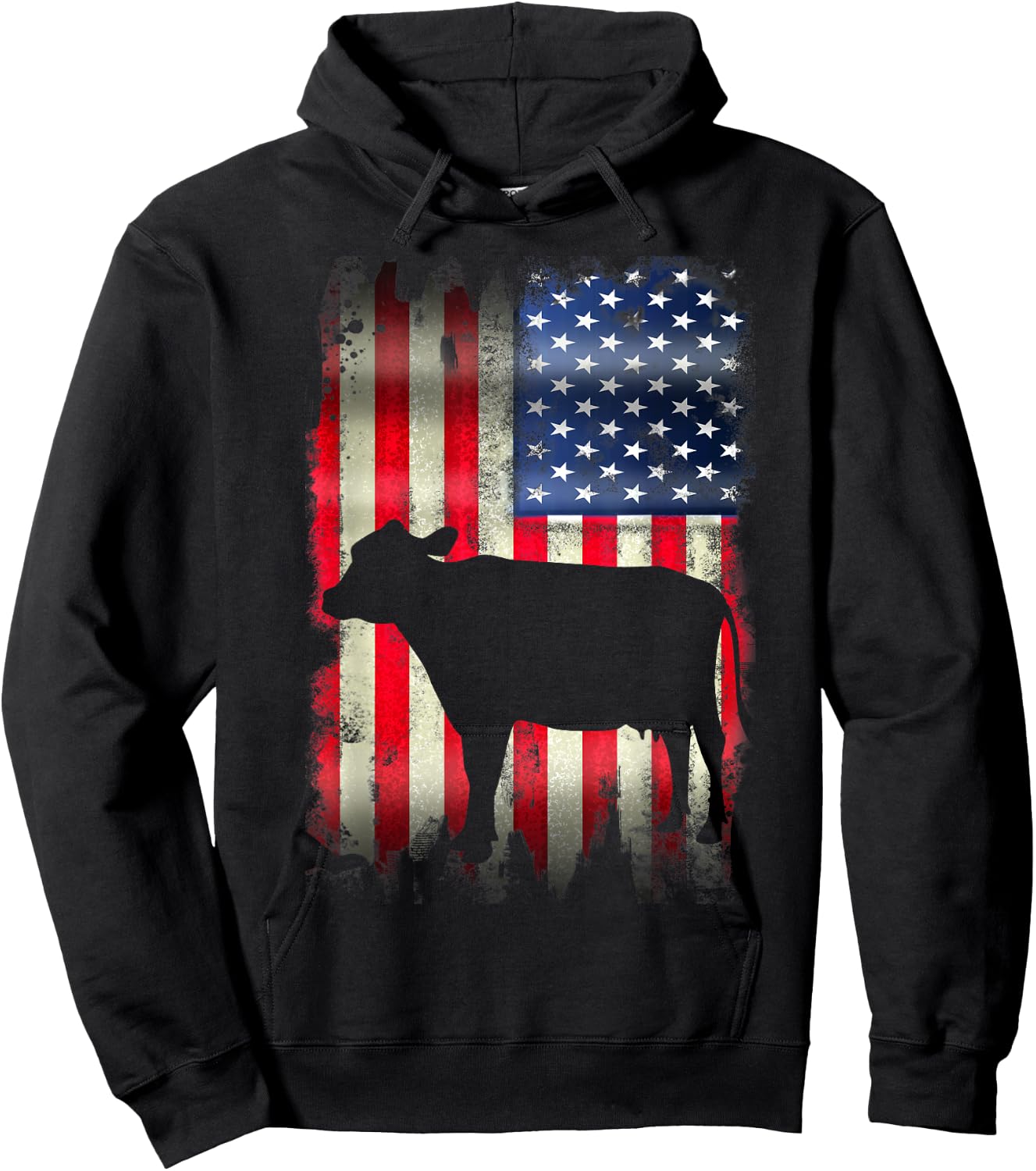 Cow USA American Flag 4th of July Patriotic Gift Women Kids Men Hoodie - Hoodie | Black