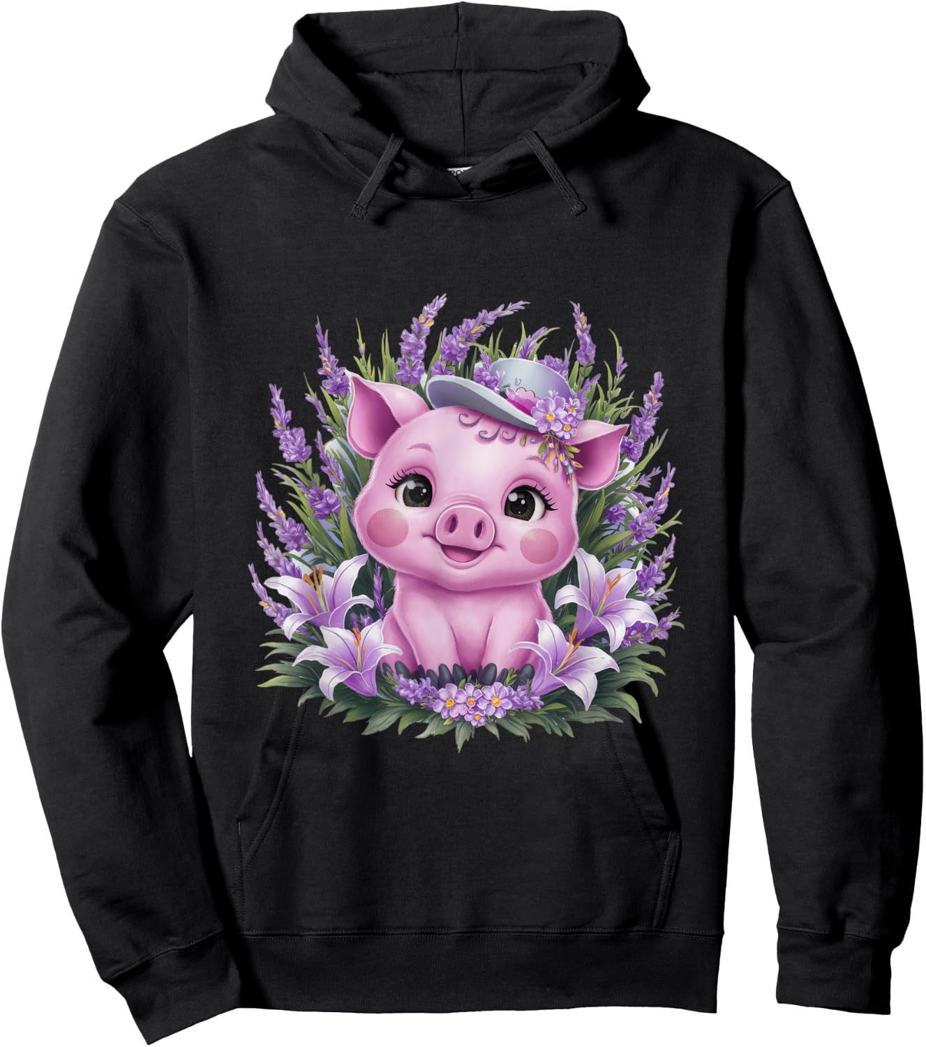 Pig in kawaii cartoon style with lavender and lilies Hoodie - Hoodie | Black