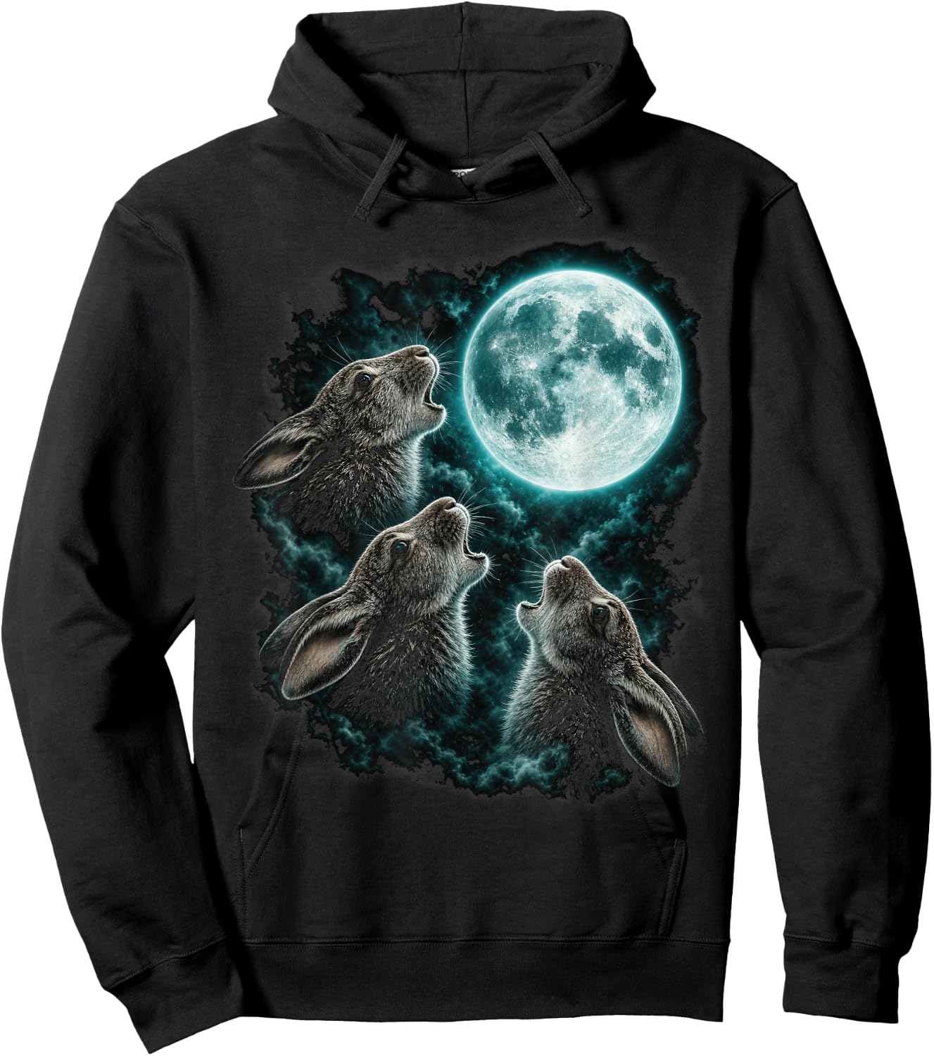 Three Howling Rabbits Under Full Moon Fantasy Hoodie - Hoodie | Black