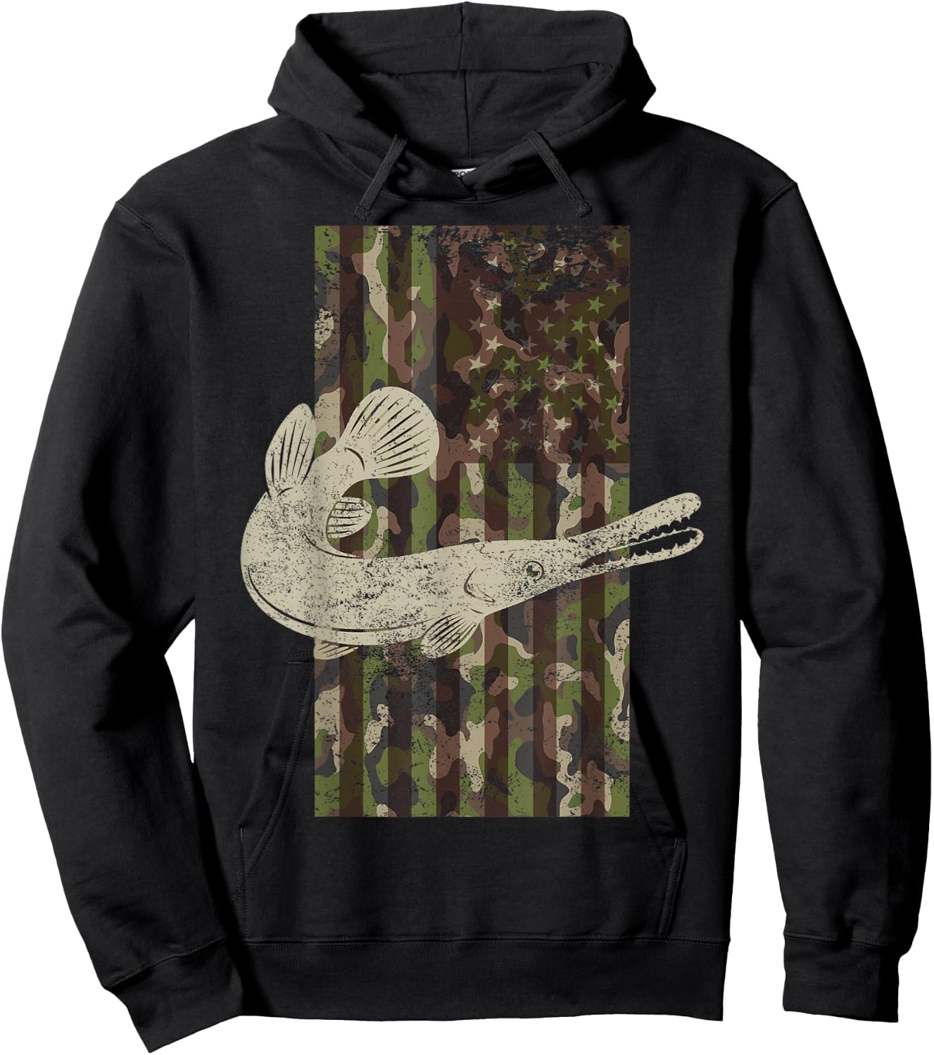 Camo US Flag American Alligator Gar Fishing Hoodie - Hoodie | Black
