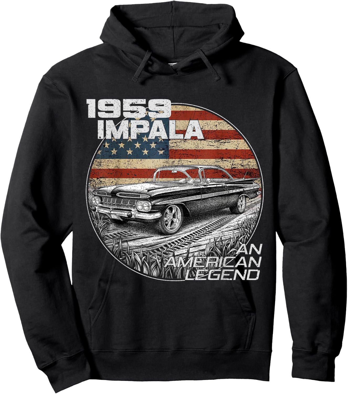1959 59 Impala Old School Muscle Car American Flag Hoodie - Hoodie | Black