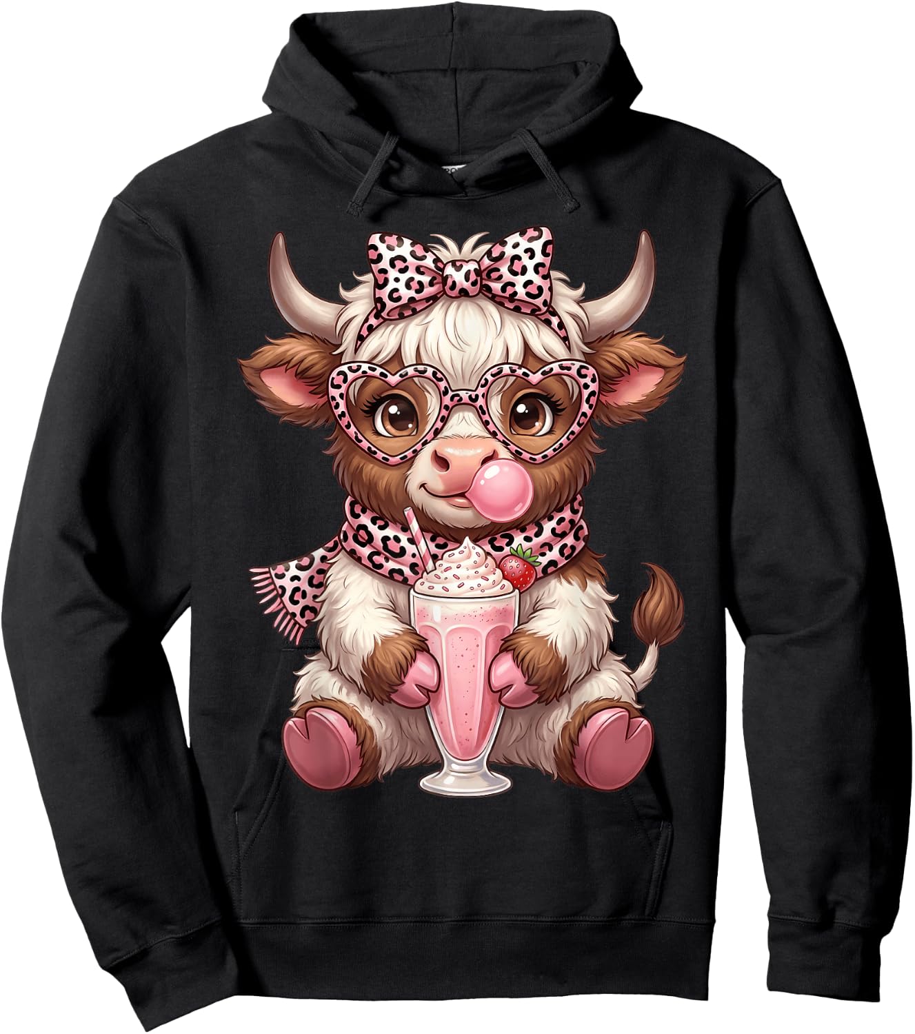 Scottish Highland Cow Eating Bubblegum Hoodie - Hoodie | Black