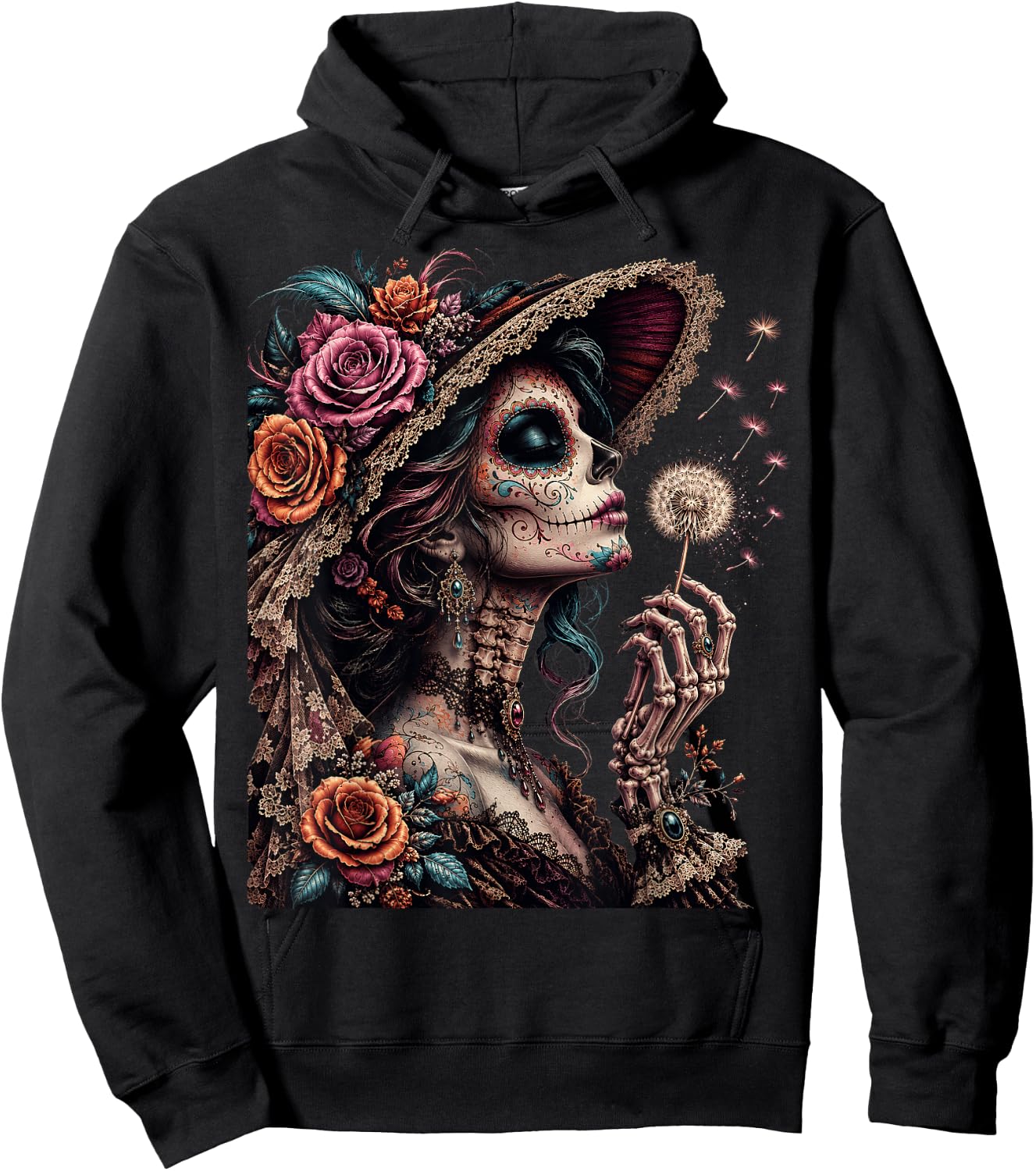 Vintage La Catrina Blowing Wishes Gothic Dandelion Floral Hoodie - Hoodie | Black