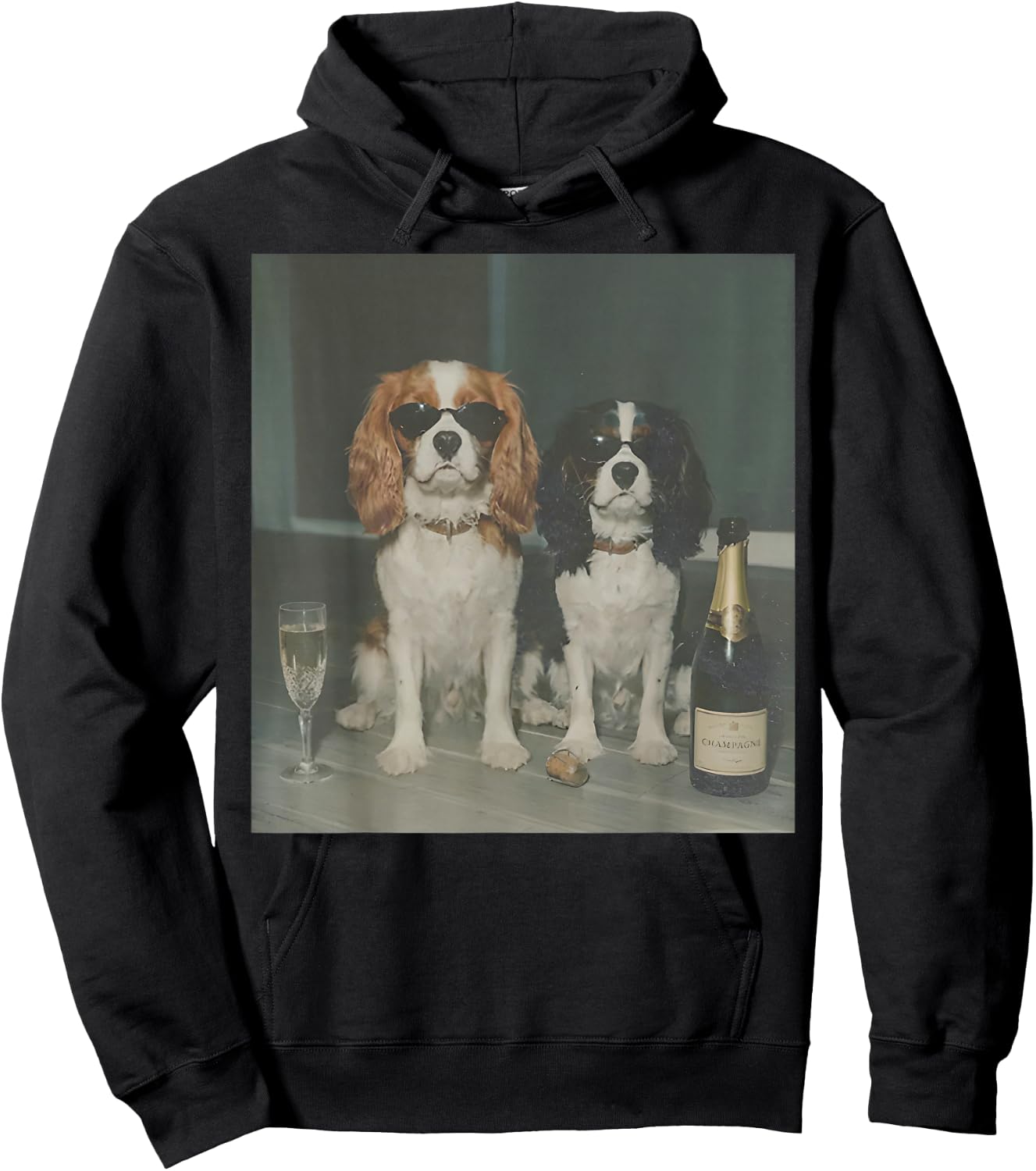 Cavalier King Charles Drinking Champagne Funny Dog Meme Hoodie - Hoodie | Black