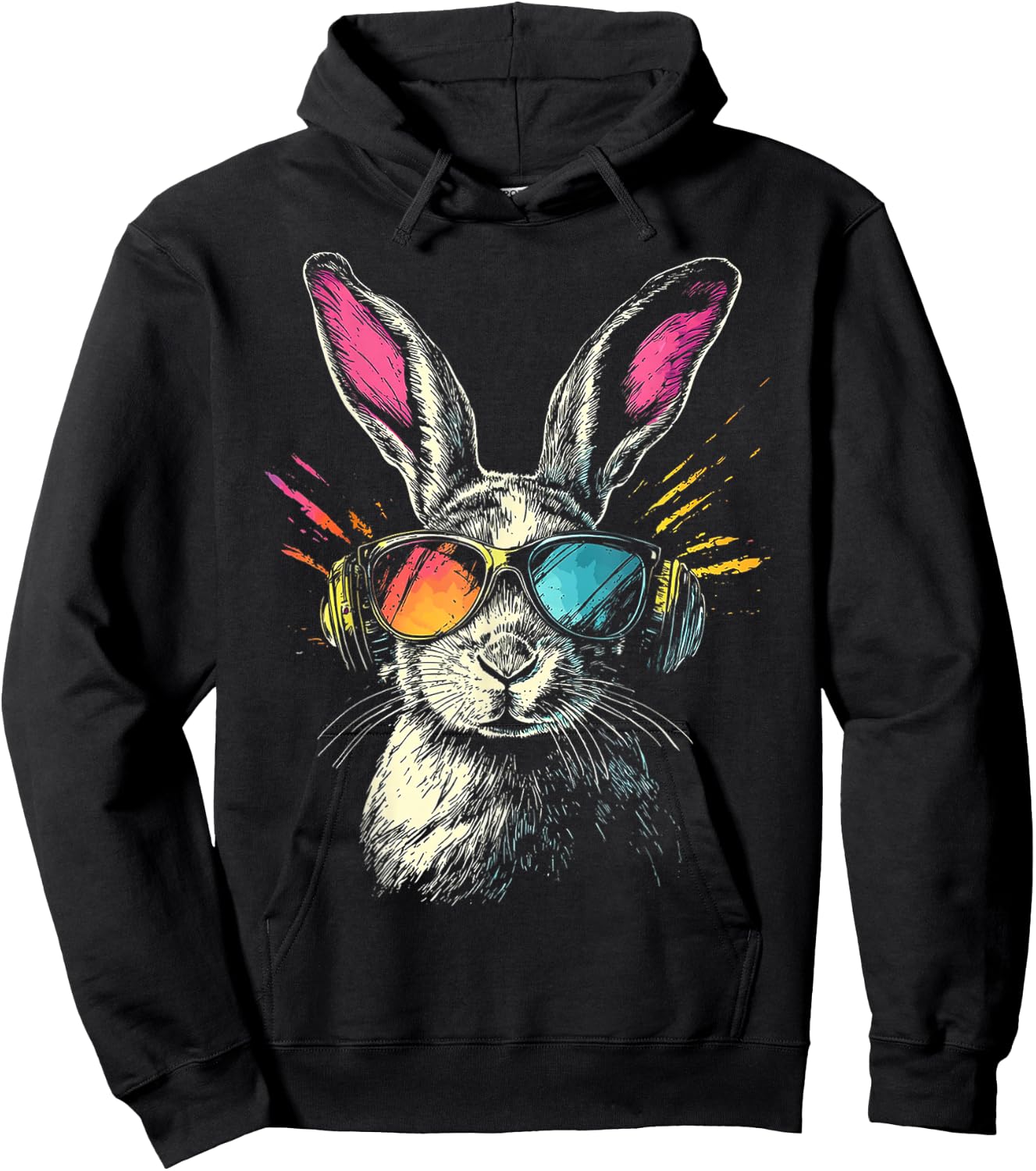 Rabbit Animal Motif Music Headphones Sunglasses Rabbit , black Hoodie - Hoodie | Black