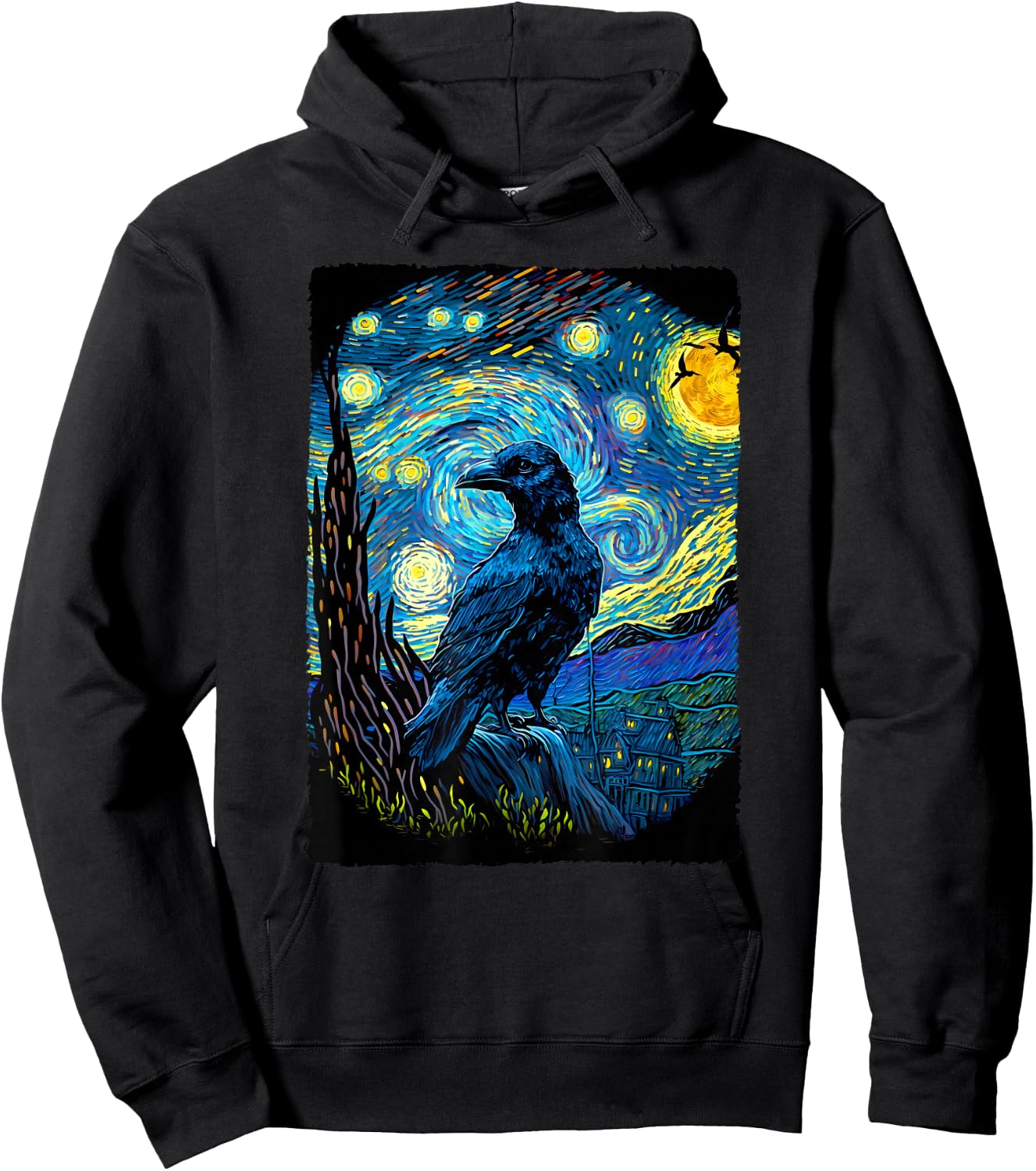 Raven Starry Night Style Painting, Van Gogh Crow Lover Hoodie - Hoodie | Black