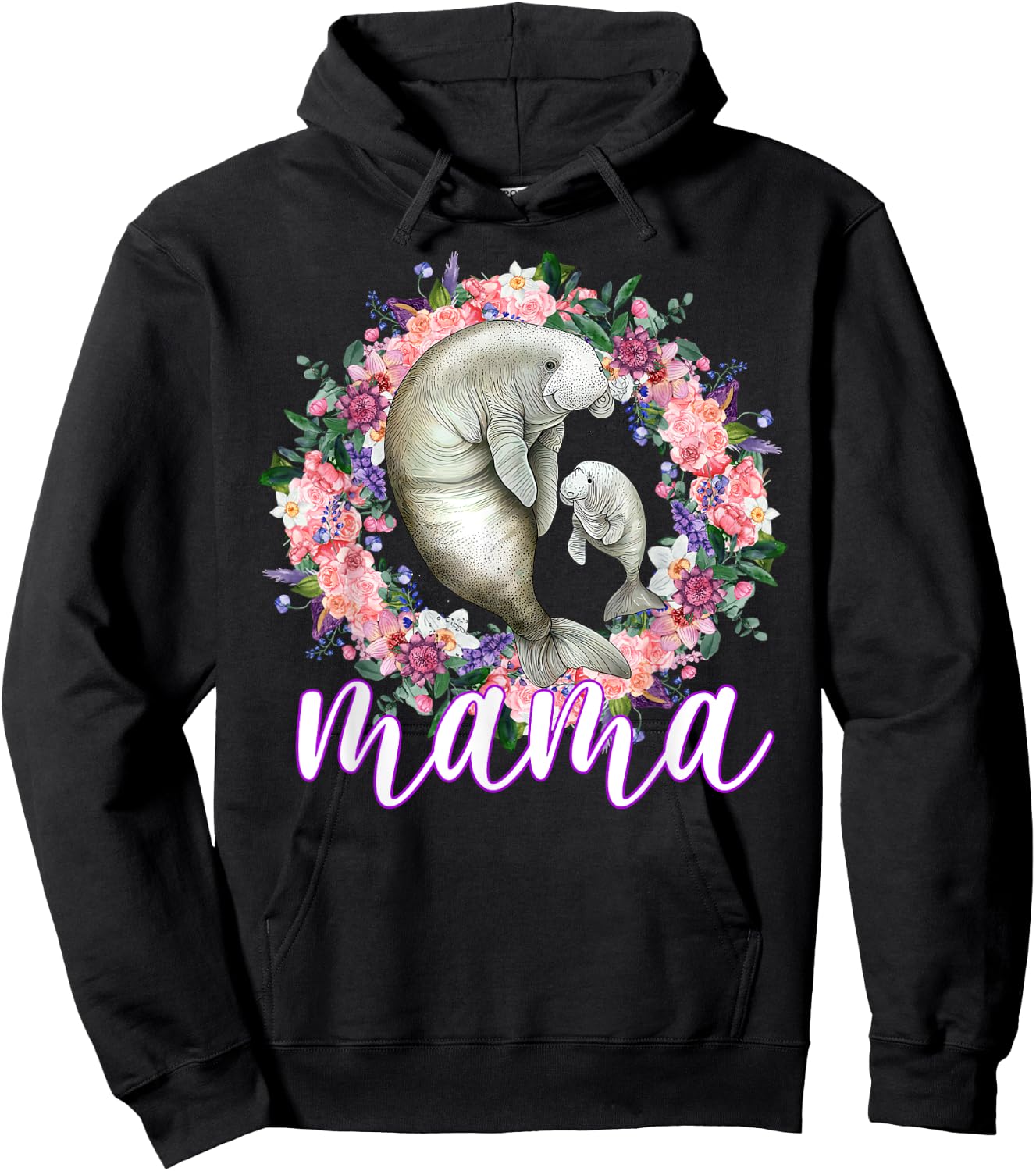 Flowers Mom Cute Baby Manatee - Sea Animal Mama Mother's Day Hoodie - Hoodie | Black