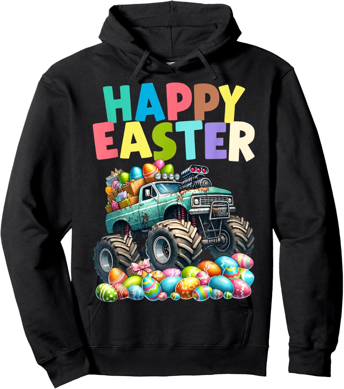 Boys Happy Easter Monster Truck Easter Eggs Hunt Toddler Kid Hoodie - Hoodie | Black