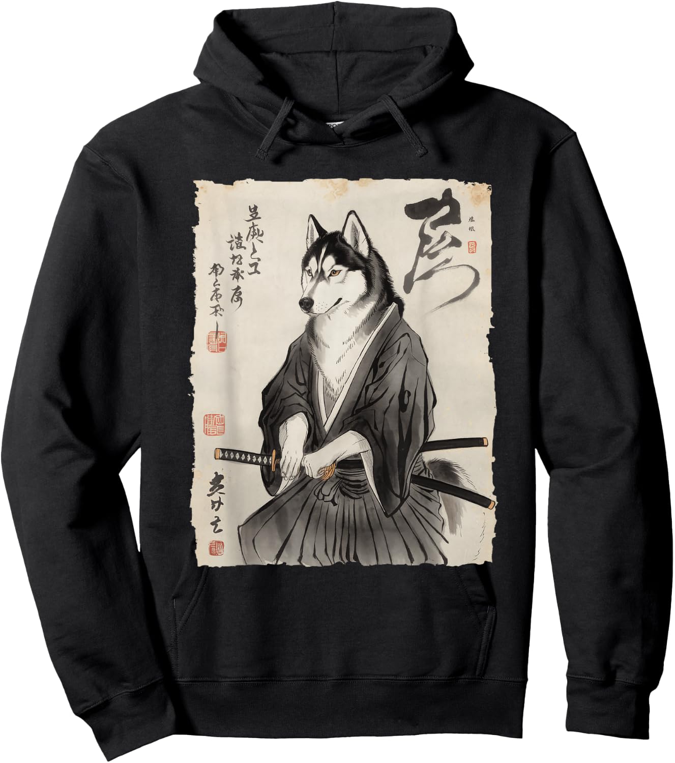 Husky Samurai in Armor Japanese Ink Art Women Kids Hoodie - Hoodie | Black