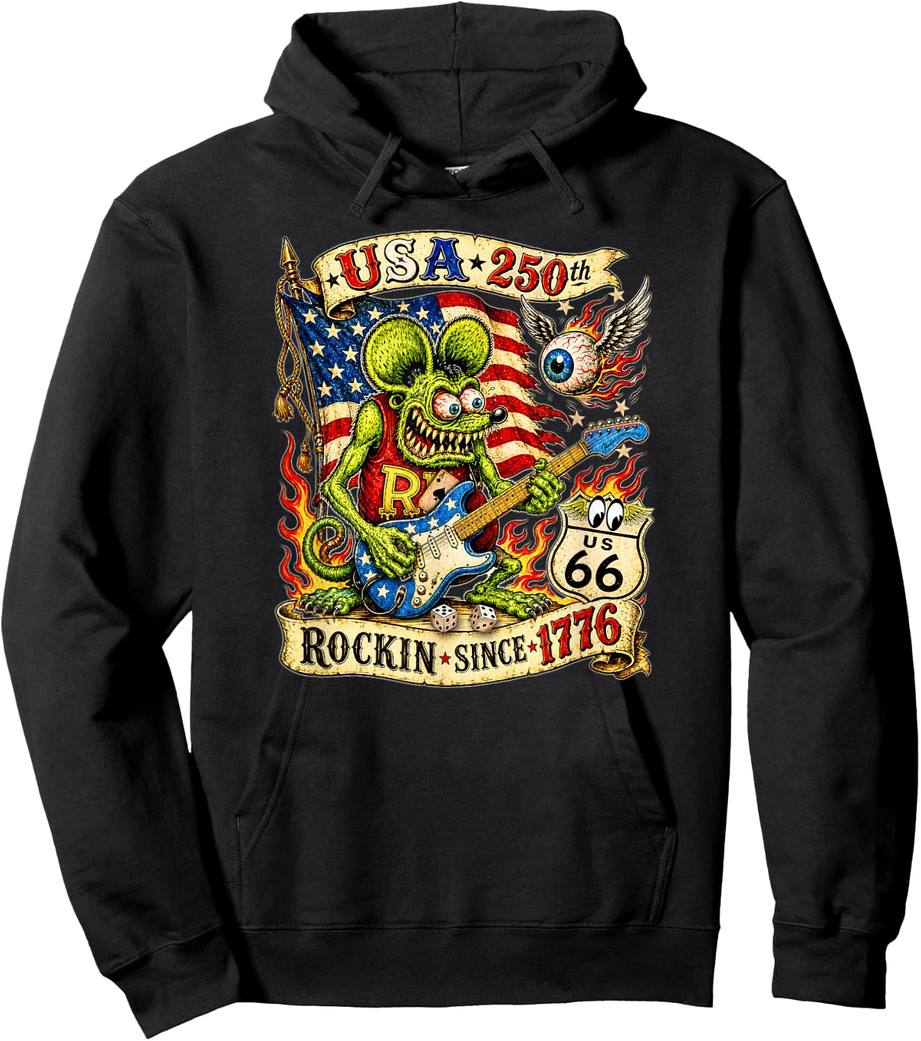 USA 250th Rat Fink US Highway 66 Guitar Flag Dice Ace Retro Hoodie - Hoodie | Black