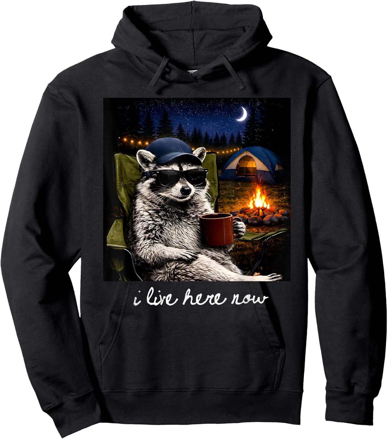 Camping Raccoon Funny Camping Crew Campfire I Live Here Now Hoodie - Hoodie | Black
