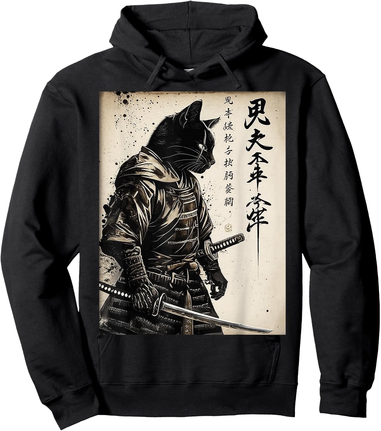 Samurai Cat Warrior Ukiyo-e Ink Artwork Gift Men Women Hoodie - Hoodie | Black